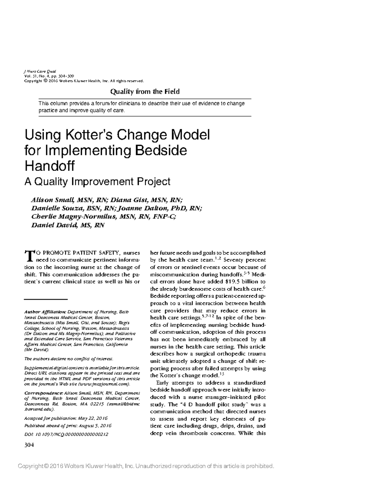 Small 2016 handoffs Reference source J Nurs Care Qual Vol. 31, No