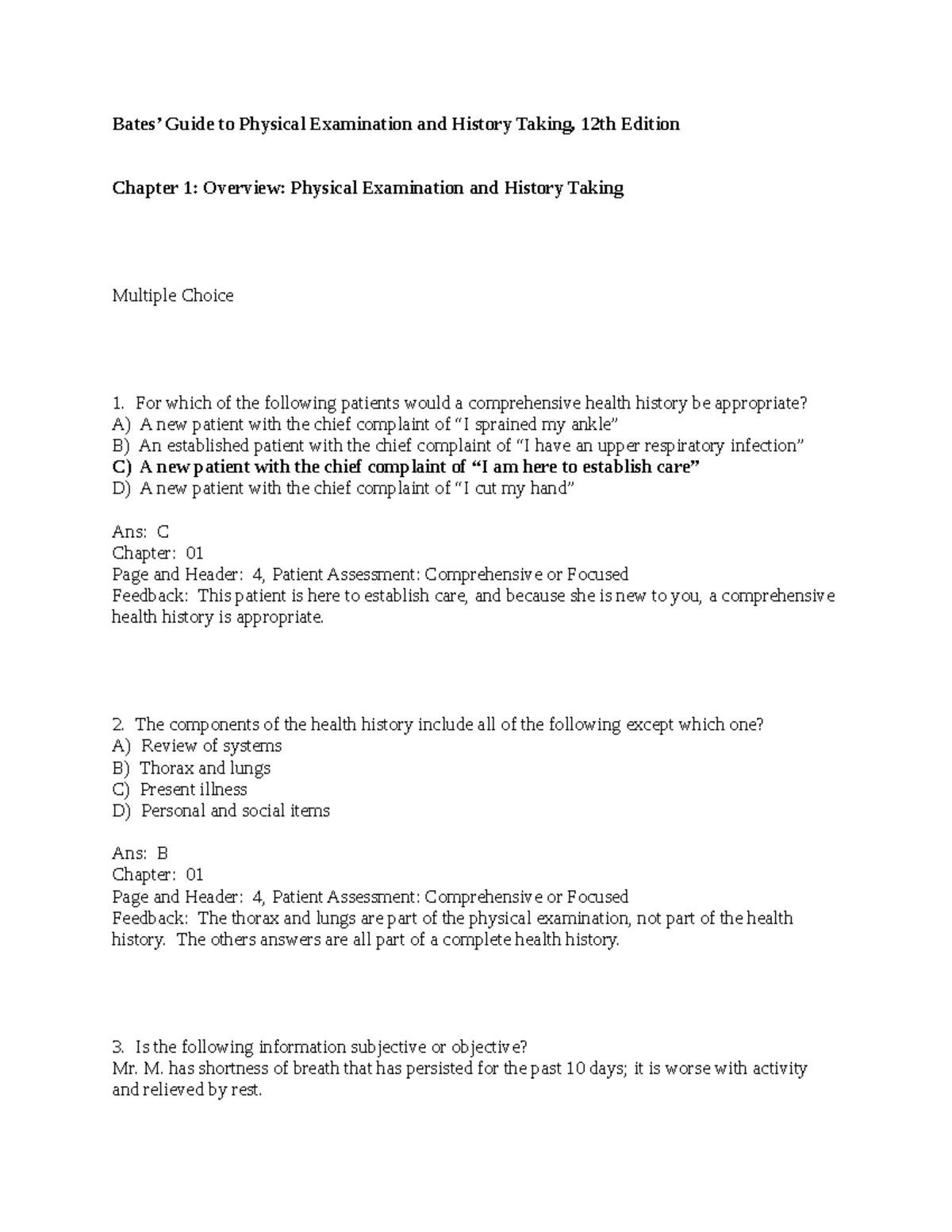 Bates 12th edition Test Bank Chapters 1 through 20 - Bates’ Guide to ...