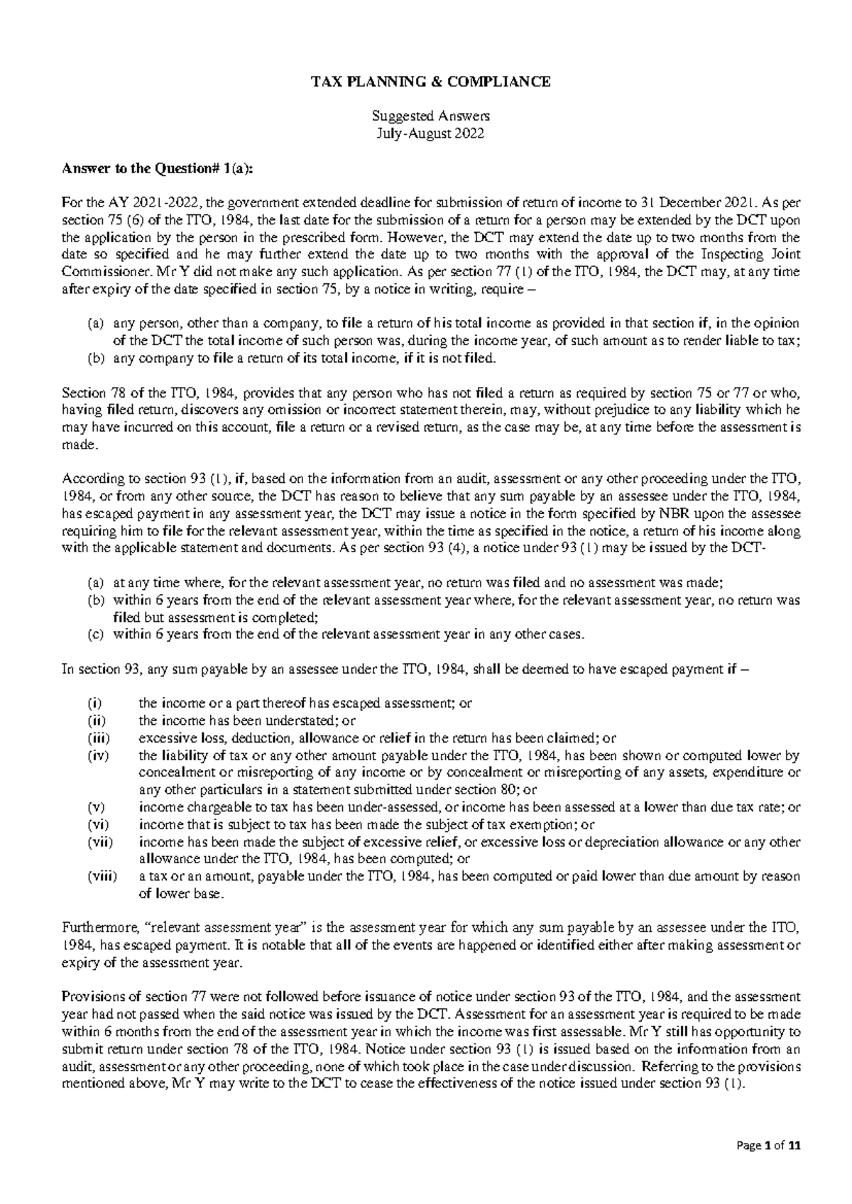 TPC Jul-Aug -2022 - TPC Jul-Aug -2022 suggested answer - TAX PLANNING ...