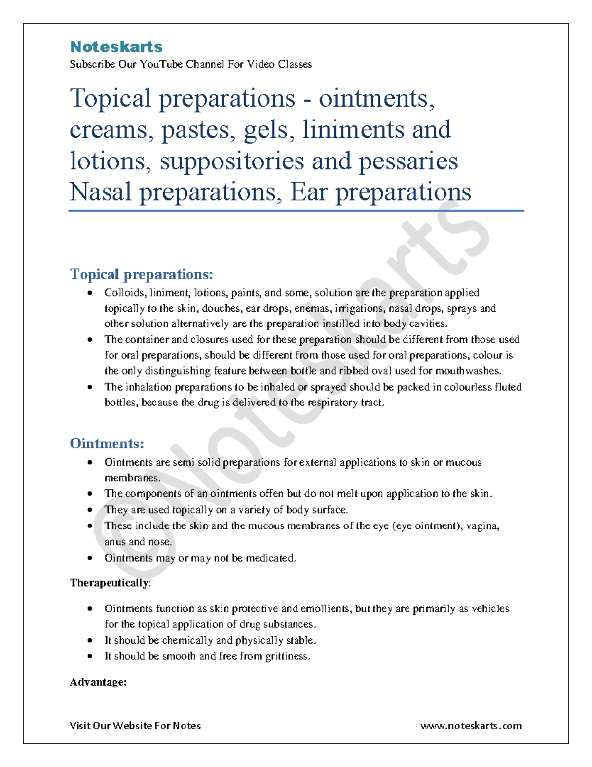 Topical preparations ointments creams pastes gels liniments and lotions