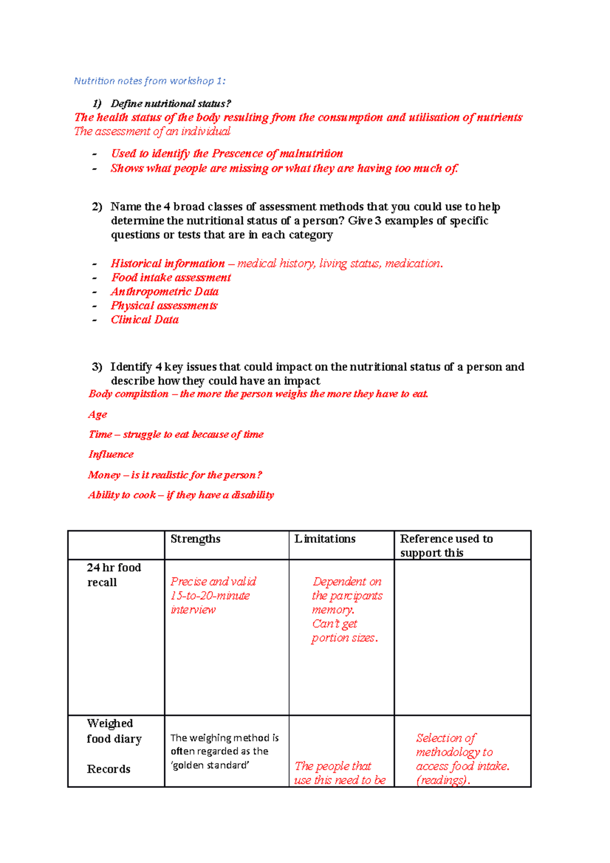 Nutrition notes from workshop 1 and week 1 notes - Nutrition notes from ...