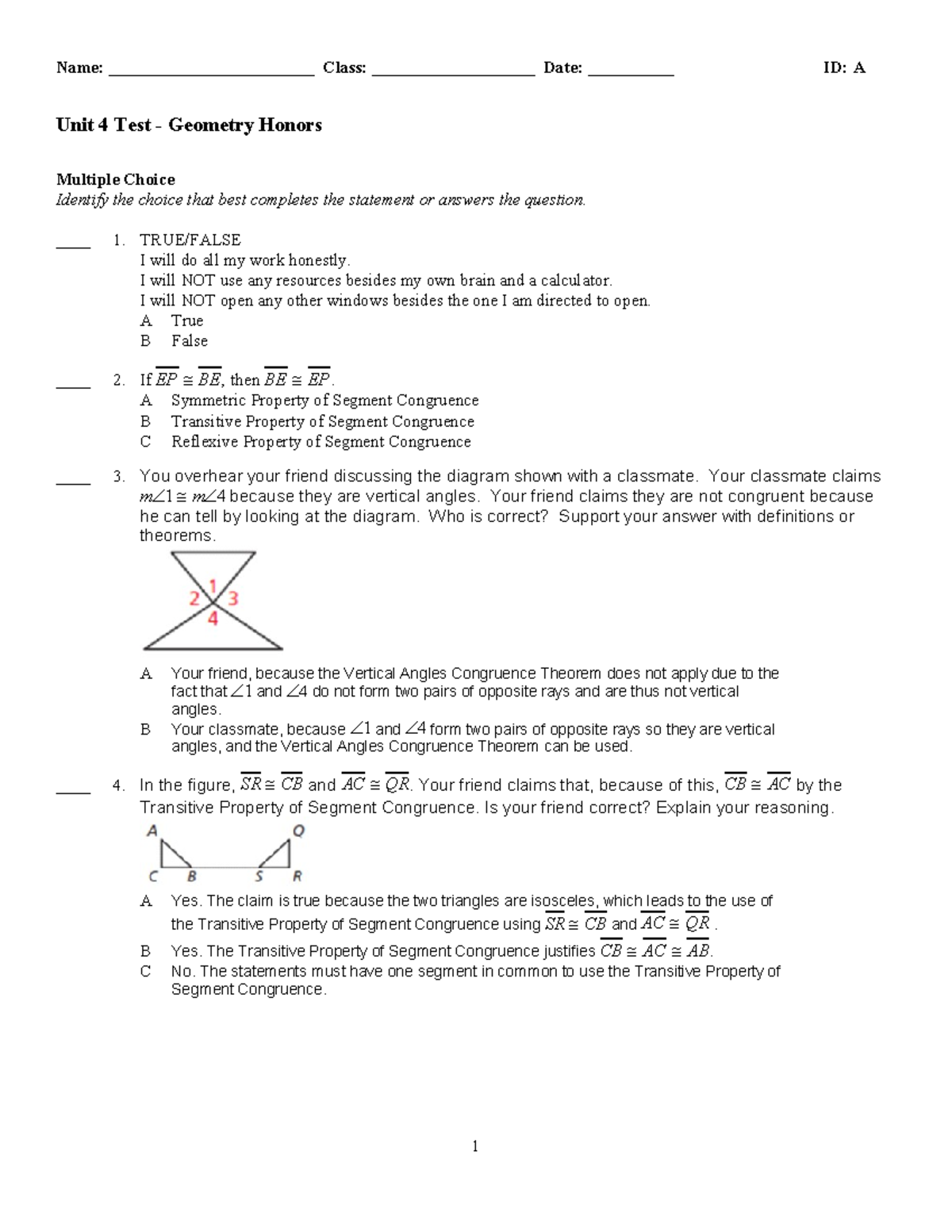 Test Unit4 Geometry Honors - Name: ________________________ Class ...