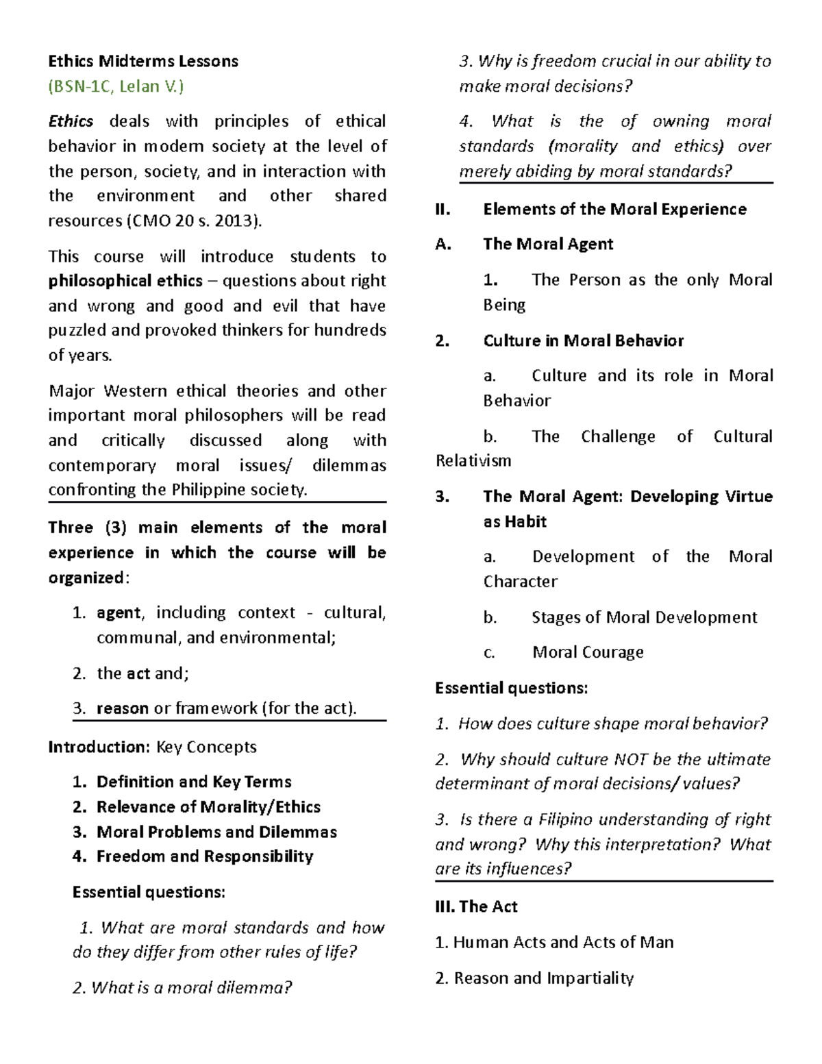 Ethics Lessons - compiled notes - Ethics Midterms Lessons (BSN-1C ...