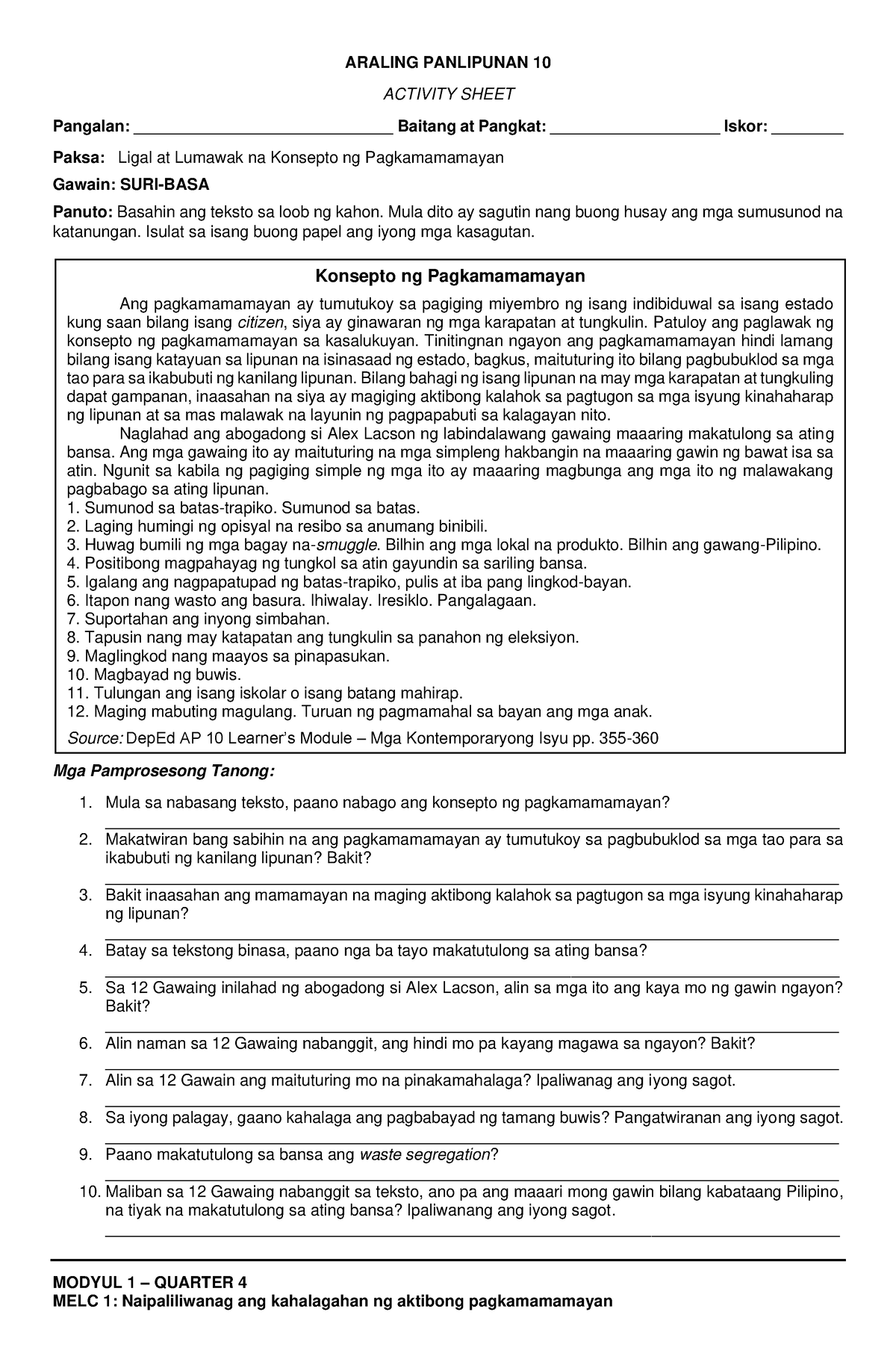 AP 10 Activity Sheet Modyul 1 Quarter 4 - ARALING PANLIPUNAN 10 ...