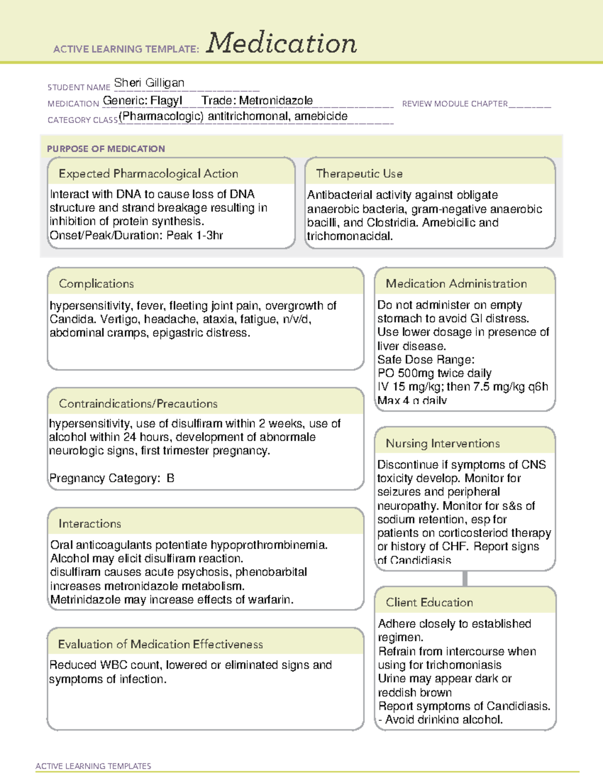 Flagyl - Med Cards - ACTIVE LEARNING TEMPLATES Medication STUDENT NAME ...