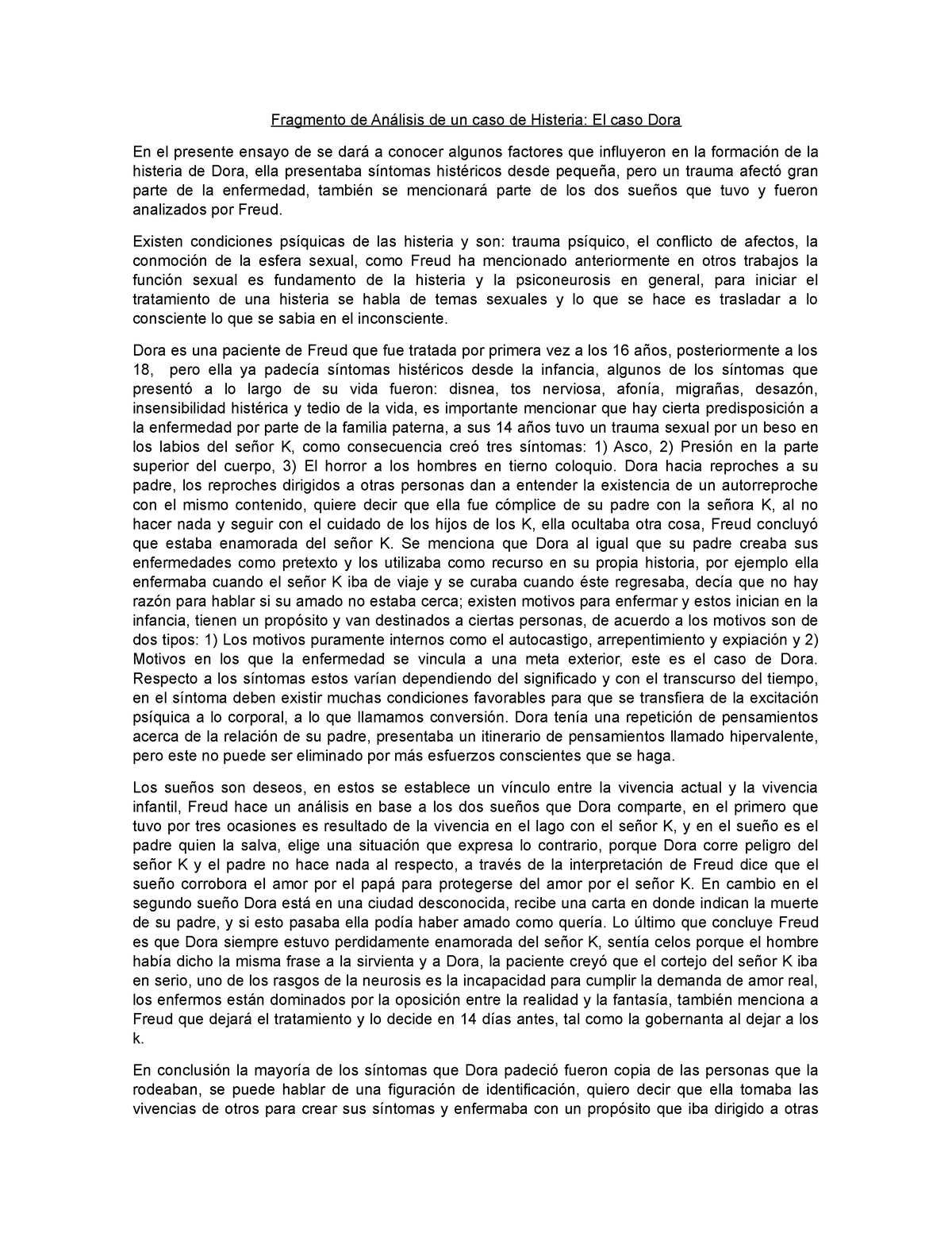 Caso Dora - Resumen Caso Dora - Fragmento De Análisis De Un Caso De ...