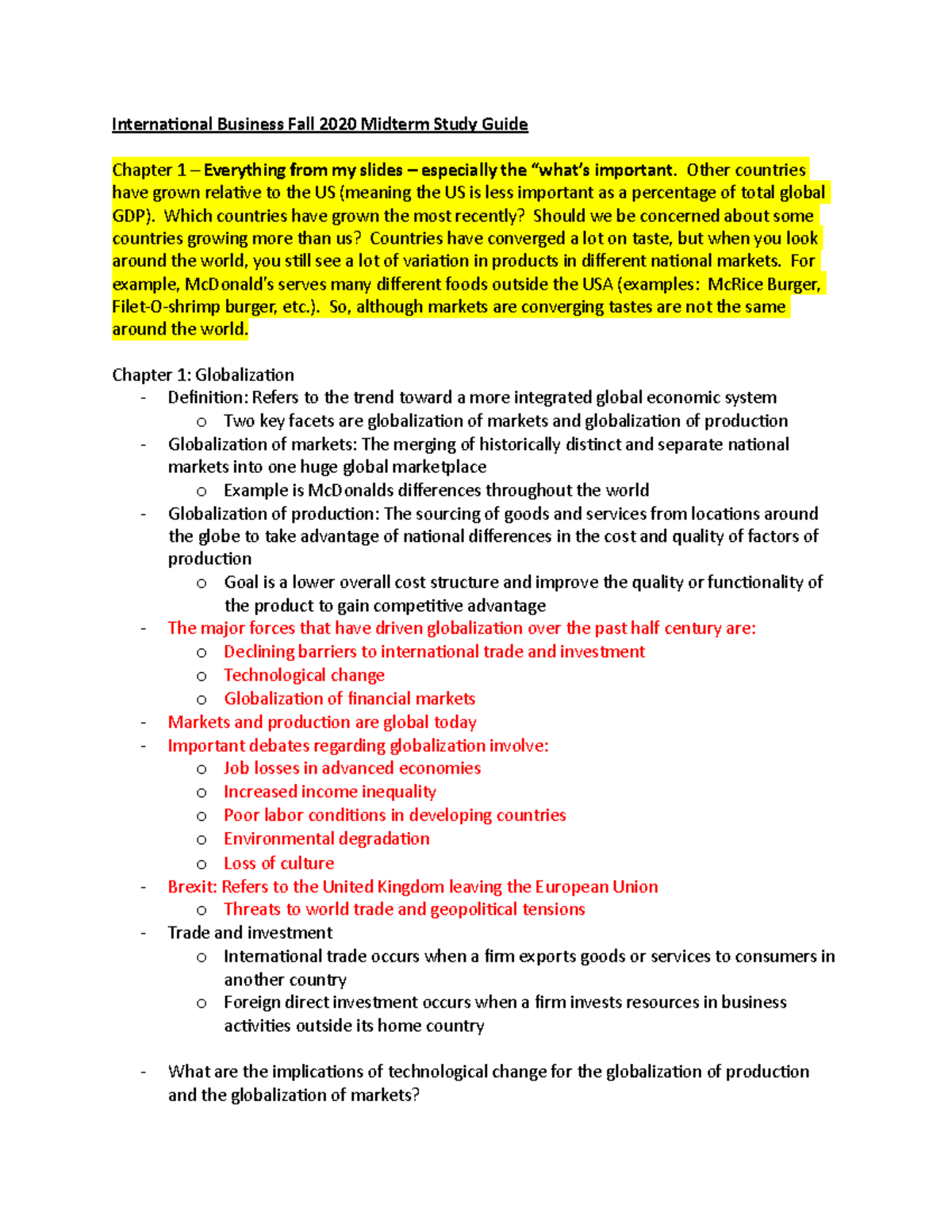 International Business Fall 2020 Midterm Study Guide - Other countries ...