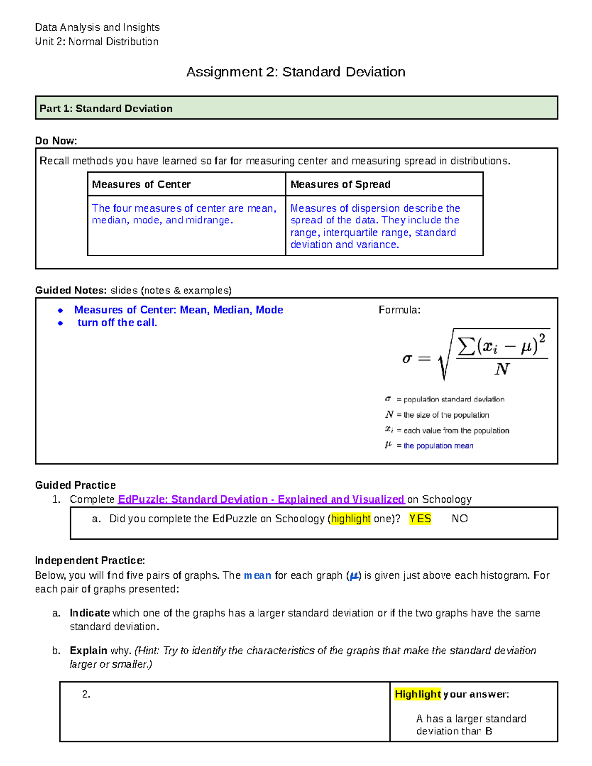 Assignment 2 Standard Deviation 1243044 Google Docs Data Analysis and Insights Unit 2