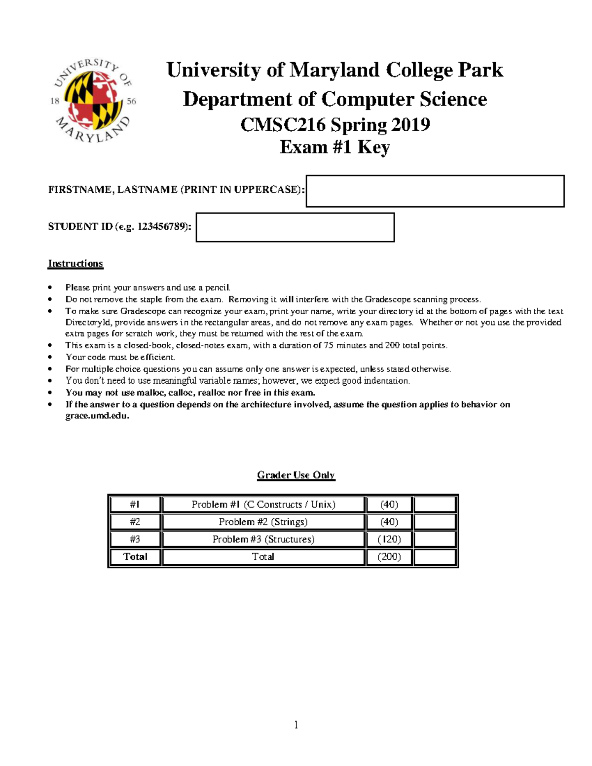 Exam I 216Spring 19Soln University of Maryland College Park