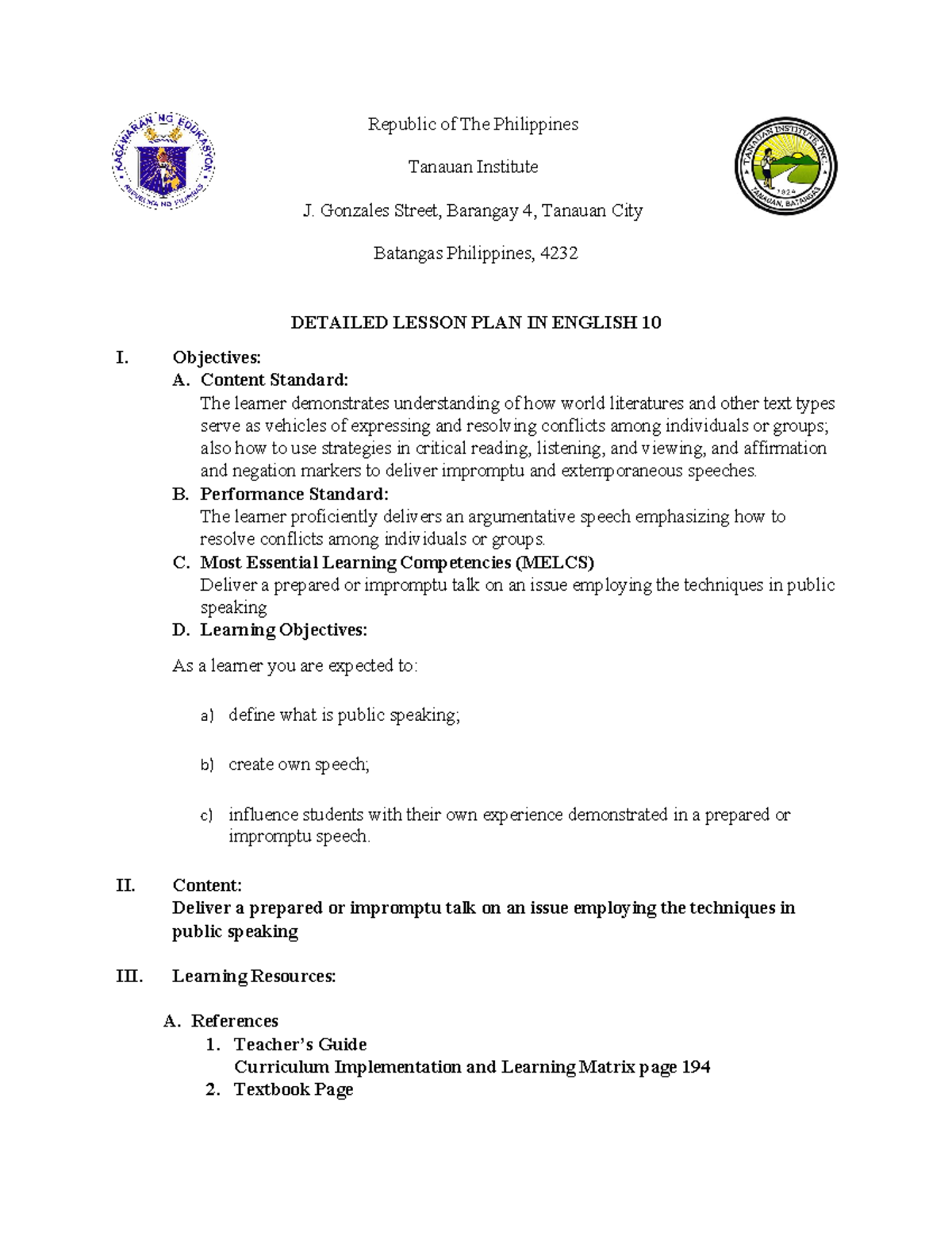 ESP lesson Plan Draft - Republic of The Philippines Tanauan Institute J ...