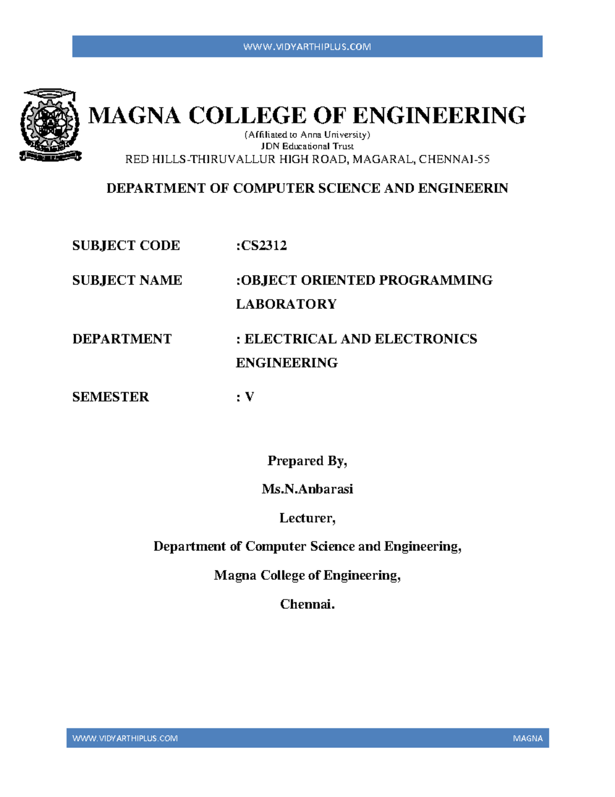 Oops manul - anna university lab manual - MAGNA COLLEGE OF ENGINEERING ...