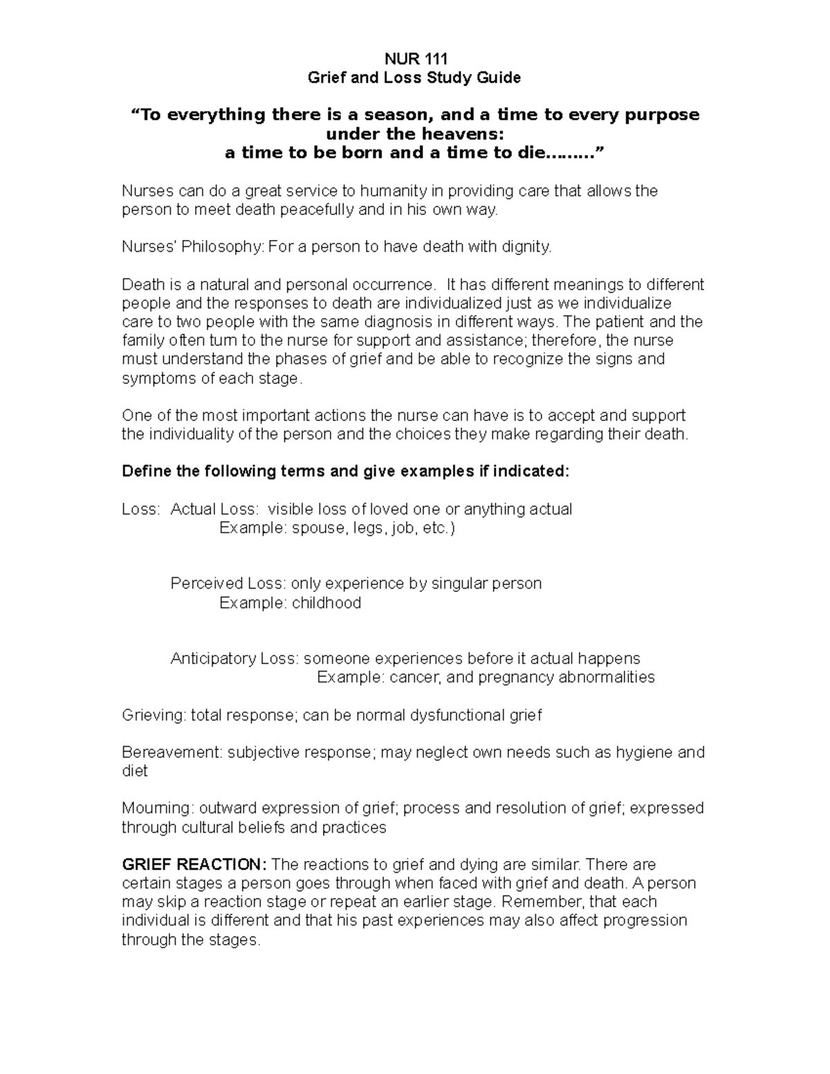 Grief and loss study guide (Auto Recovered) - NUR 111 Grief and Loss ...