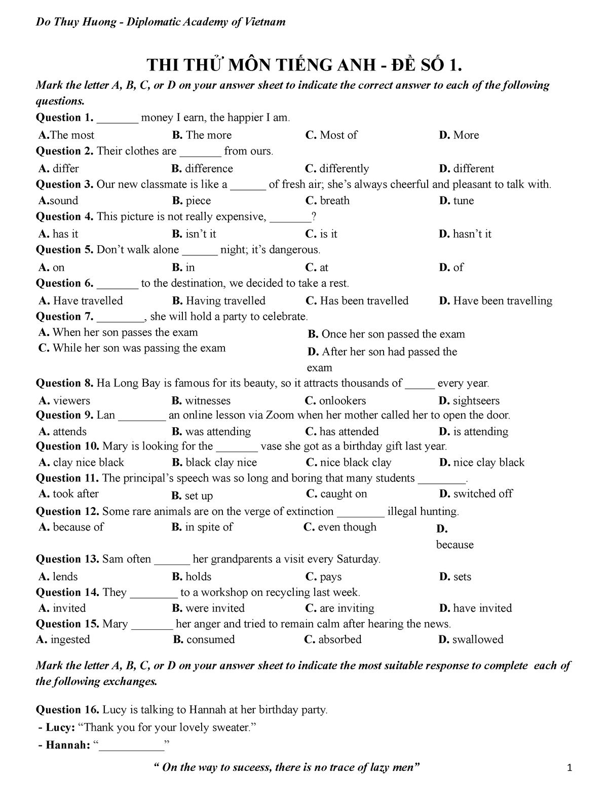 THI THỬ MÔN TIẾNG ANH ĐỀ SỐ 1 - Mark The Letter A, B, C, Or D On Your ...