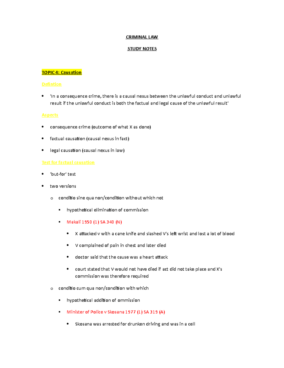 CRL study notes - CRIMINAL LAW STUDY NOTES TOPIC 4: Causation Defintion ...