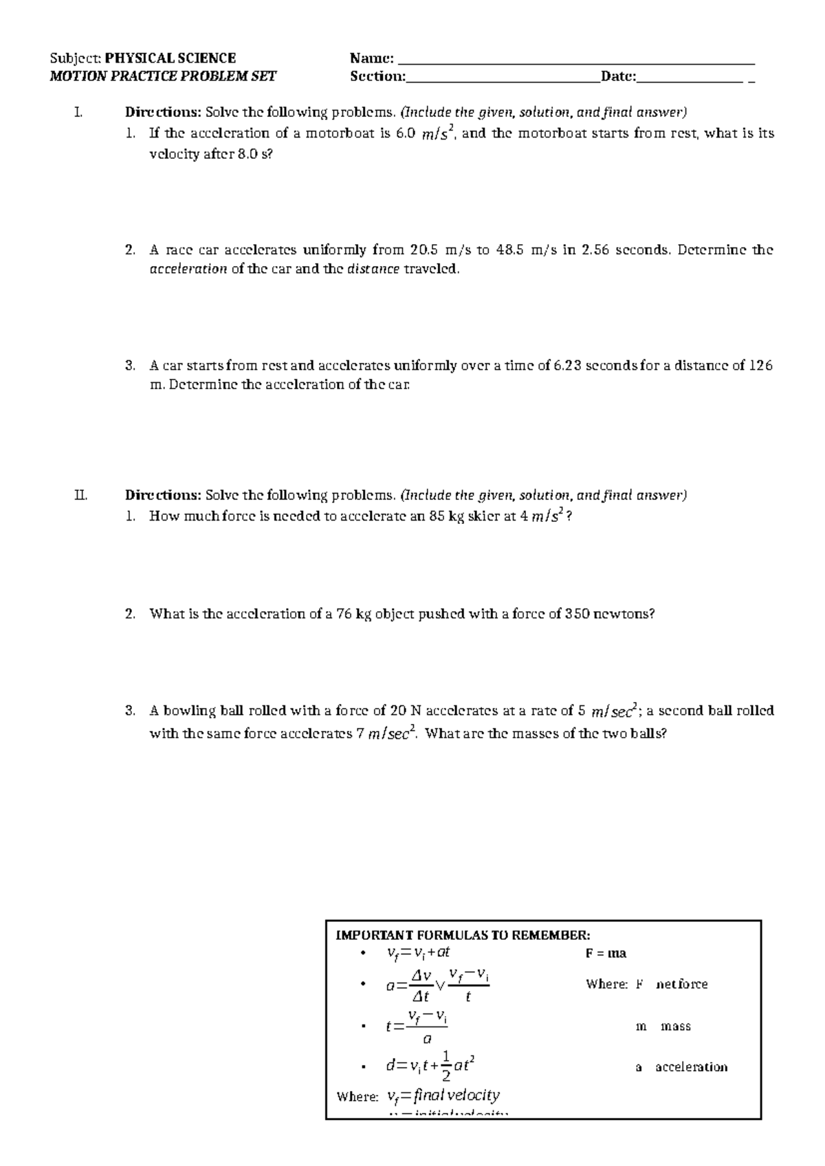 4TH Q - Written Works 2 - Motion - Subject: PHYSICAL SCIENCE Name ...