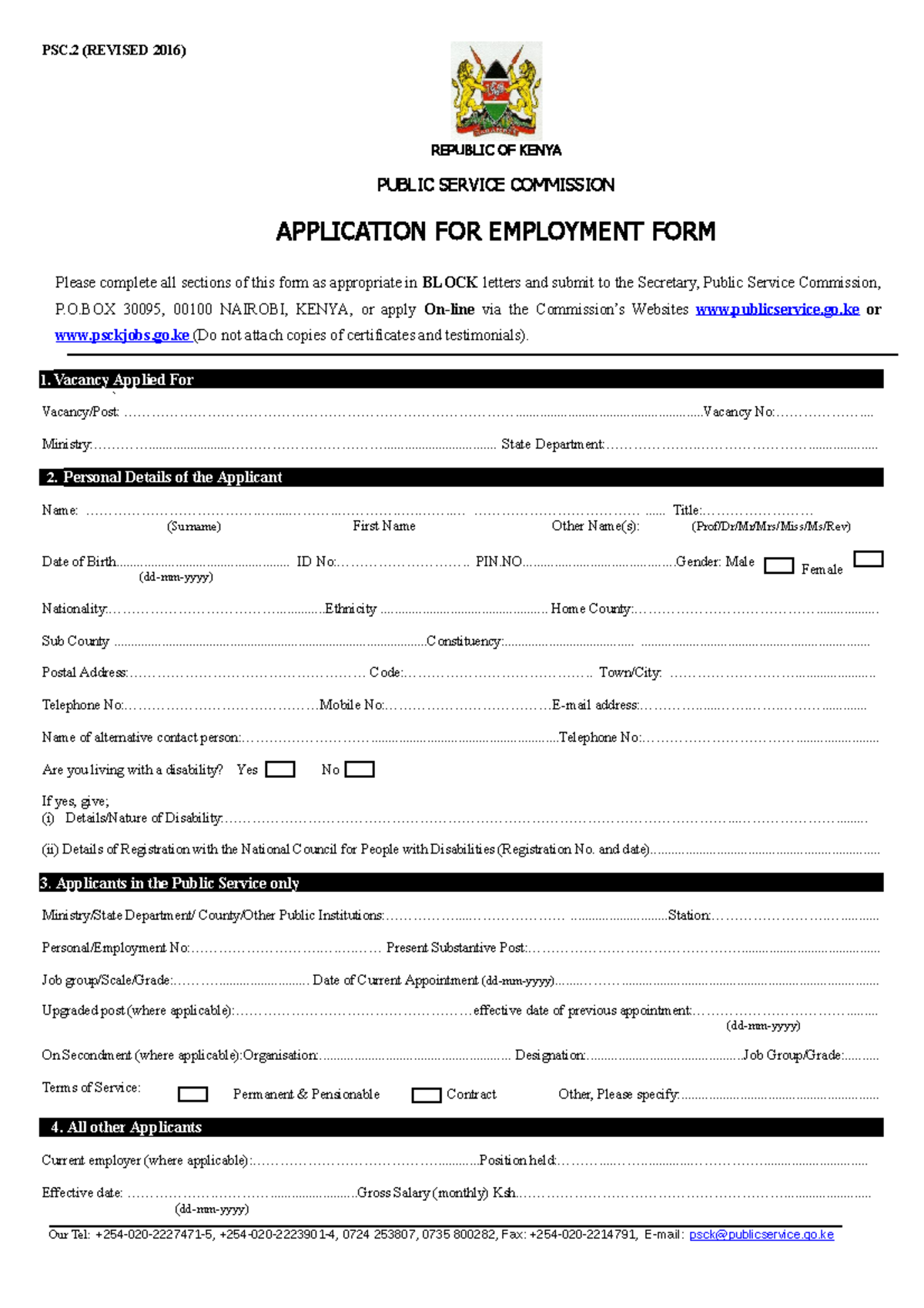 PSC2 FORM - REV - PSC (REVISED 2016) REPUBLIC OF KENYA PUBLIC SERVICE