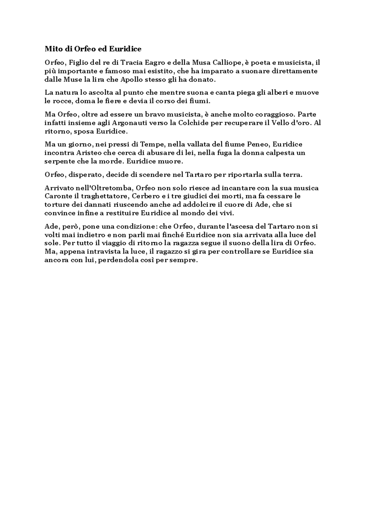 Mito di Orfeo ed Euridice Mito di Orfeo ed Euridice Orfeo, Figlio del