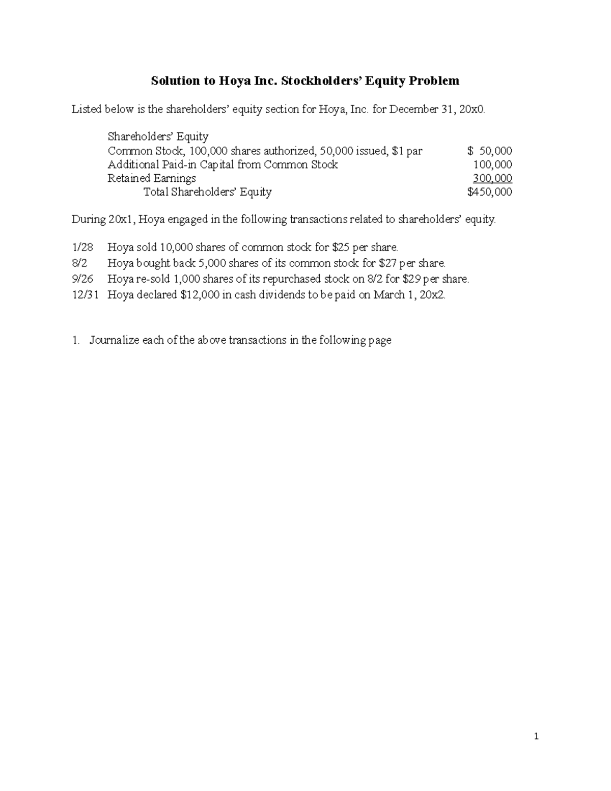 1.2 Solution to Hoya Inc. SH Equity Problem - Solution to Hoya Inc ...