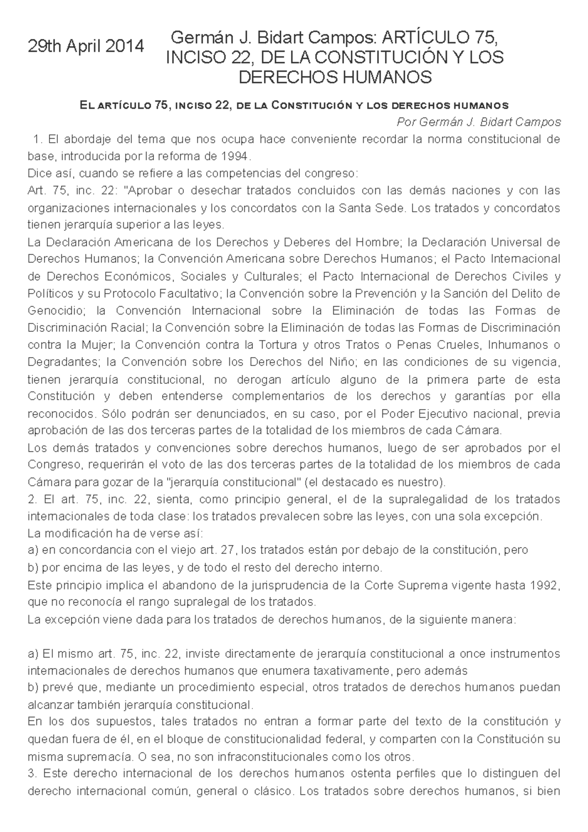 Germán J. Bidart Campos Artículo 75, Inciso 22, DE LA Constitución Y ...