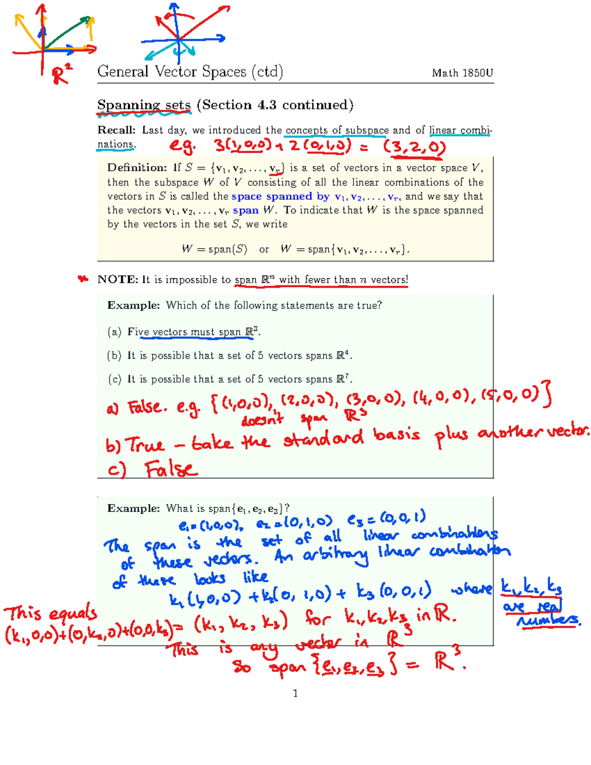 1850 Lecture 12 filled - General Vector Spaces (ctd) Math 1850U ...