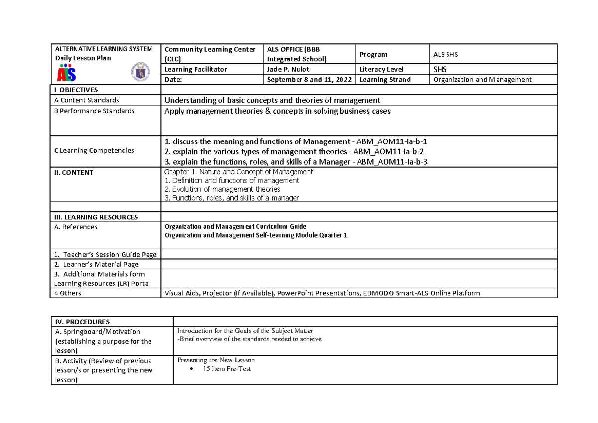 Org and Management 1 DLL - I OBJECTIVES A Content Standards ...