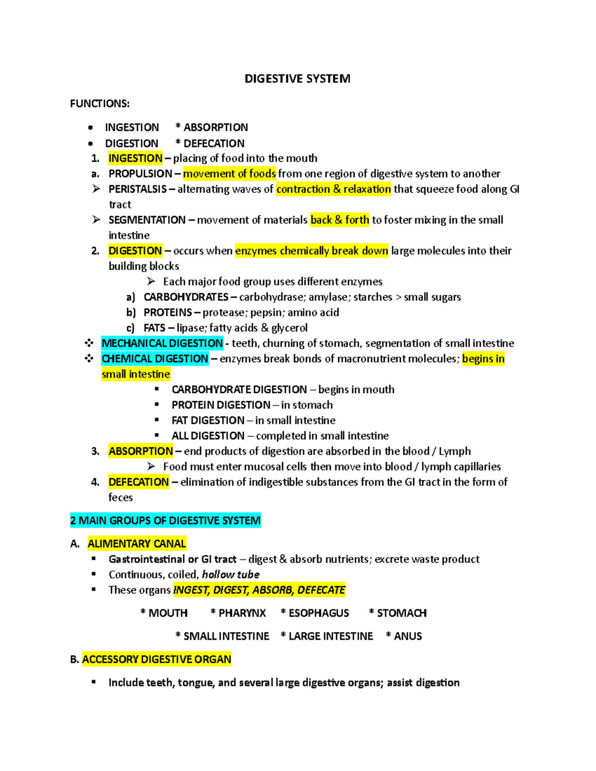 Digestive- System- Reviewer - DIGESTIVE SYSTEM FUNCTIONS: INGESTION ...