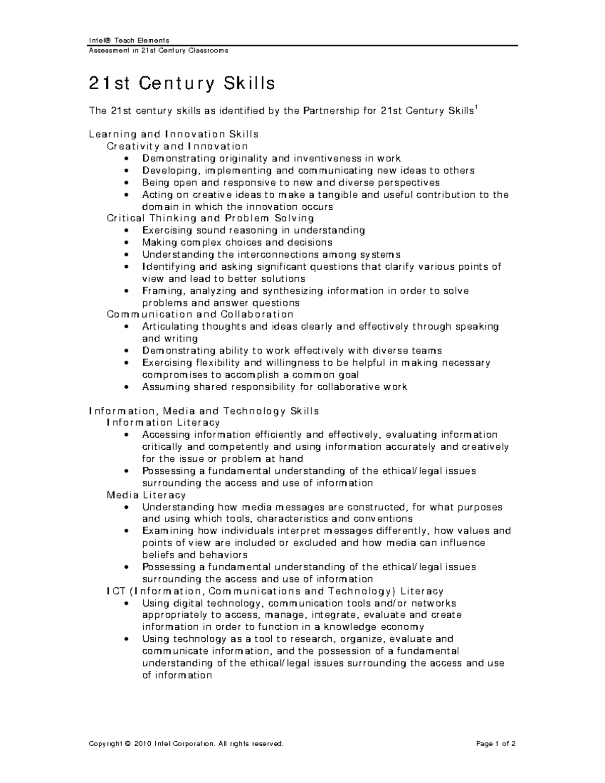 21st Century Skills - Assessment - Intel® Teach Elements Assessment in ...