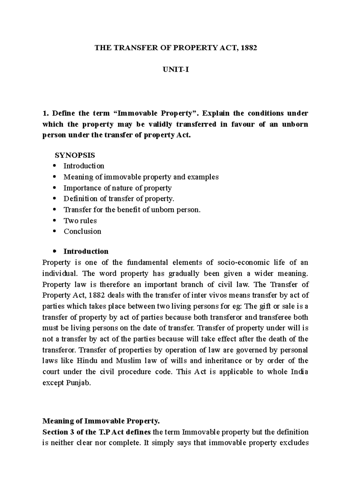 Transfer of property act UNIT1 Property law KSLU Studocu