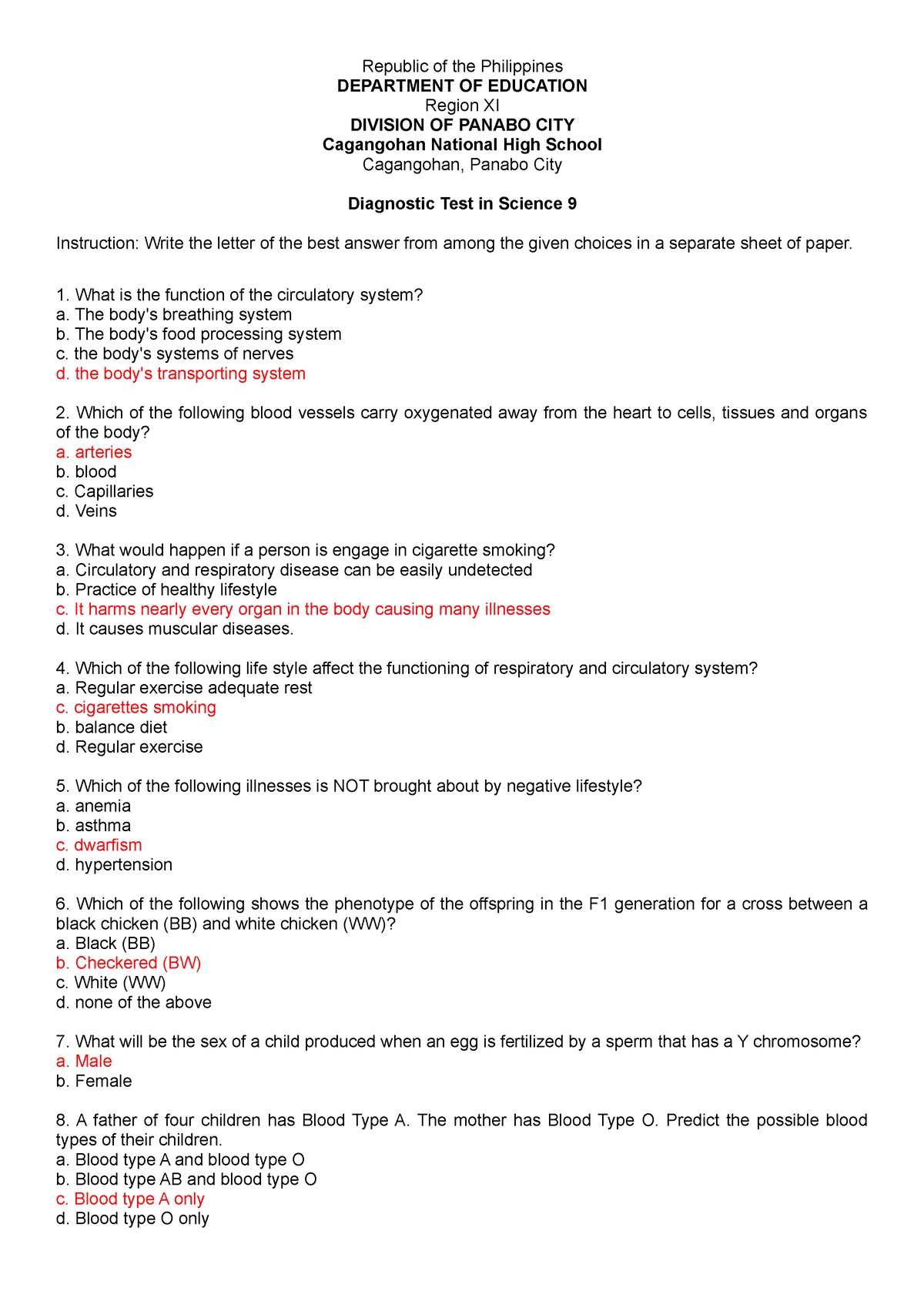 Diagnostic Test Science 9 - Republic Of The Philippines DEPARTMENT OF ...