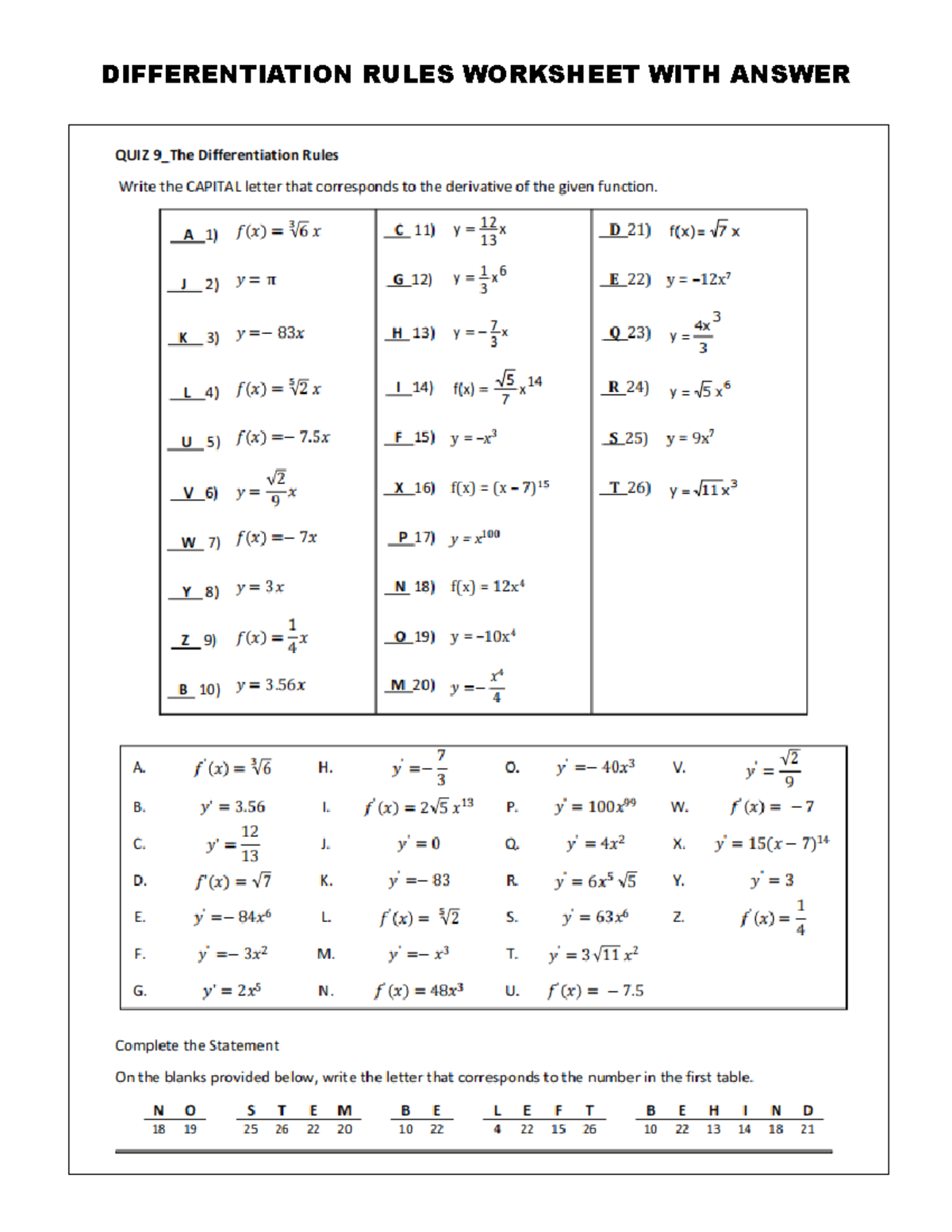 Basic Calculus Differentiation Rules Worksheet With Answer Science Technology Engineering 1075