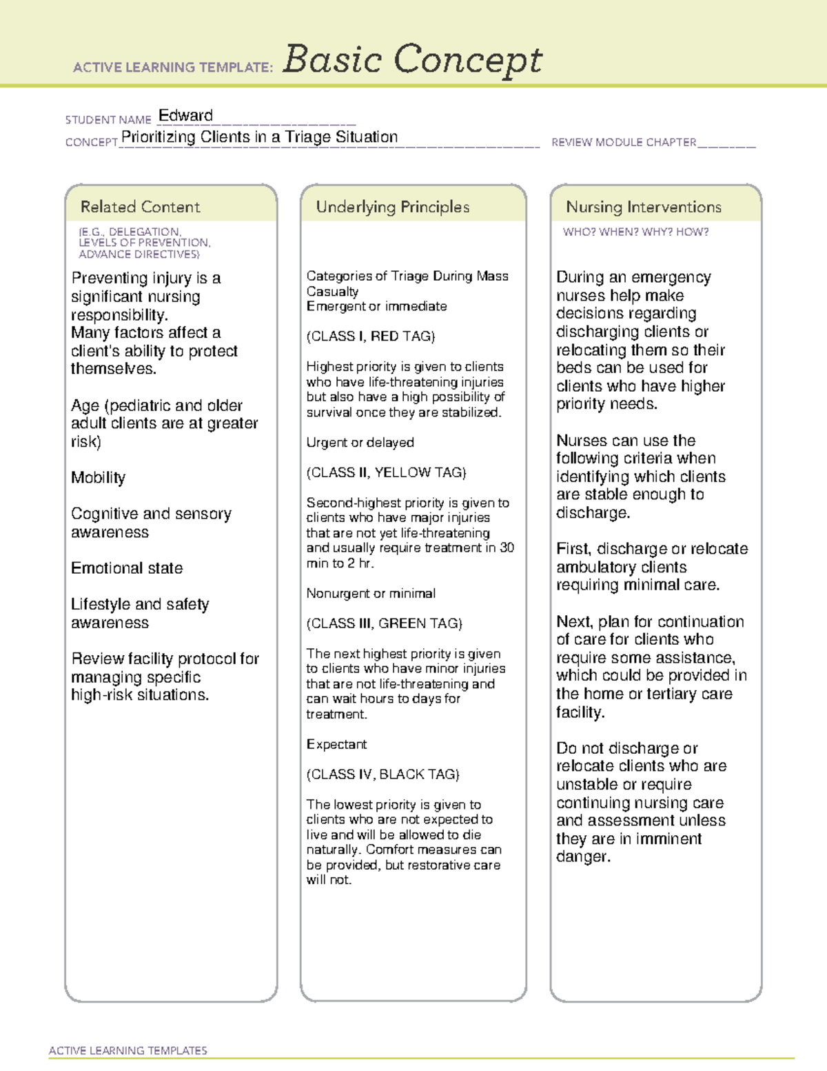 Prioritizing Clients in a Triage Situation - NUR 233 - ACTIVE LEARNING ...