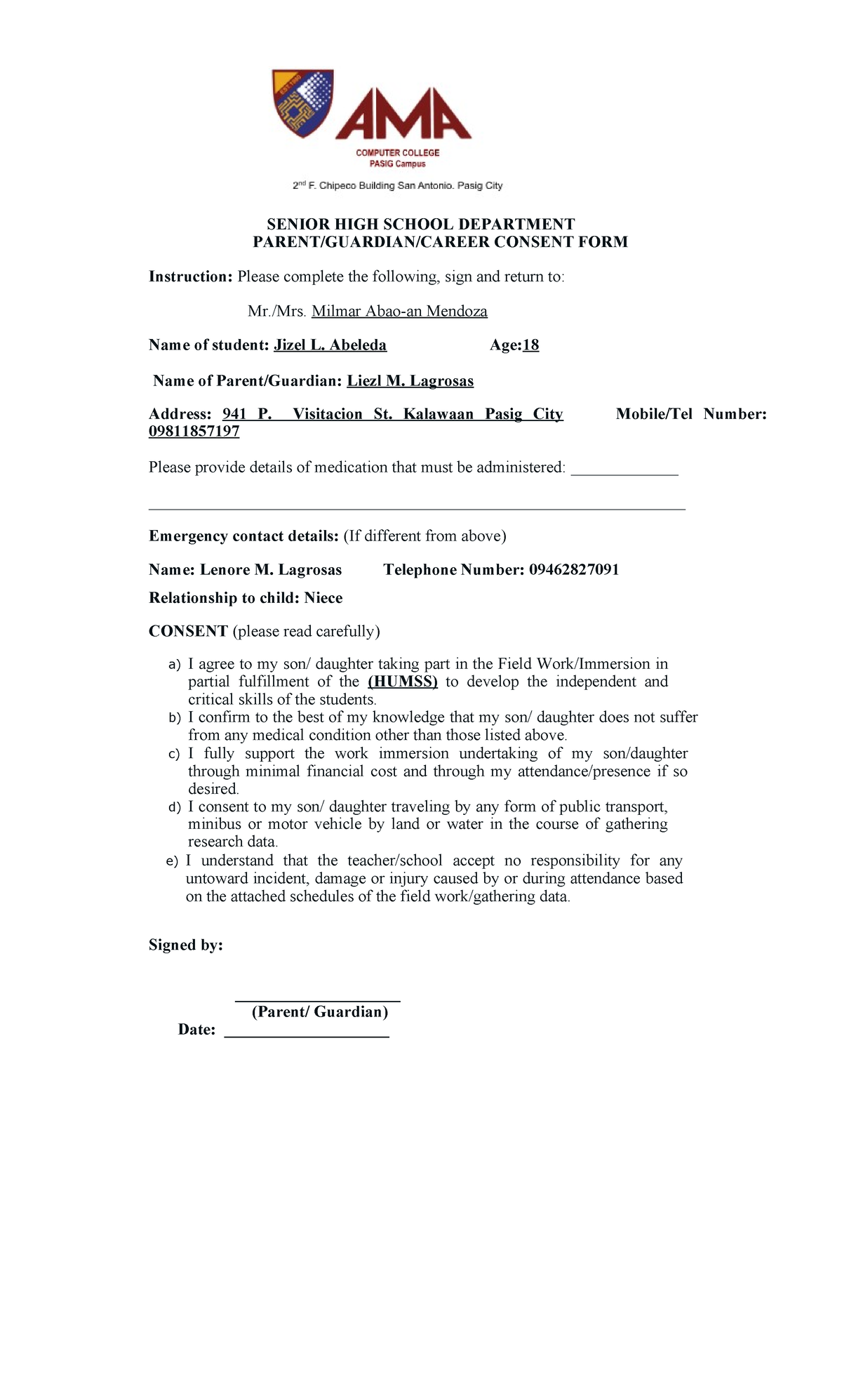 Kopya ng Shswi Consent form - SENIOR HIGH SCHOOL DEPARTMENT PARENT ...