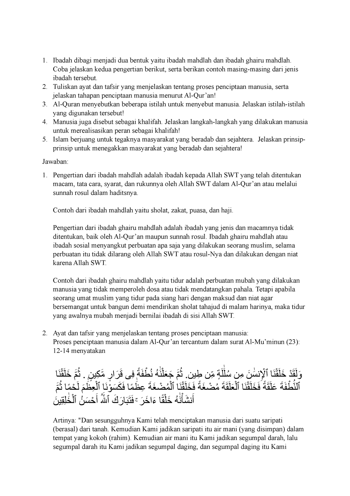 Tugas Agama 1 - Ibadah Dibagi Menjadi Dua Bentuk Yaitu Ibadah Mahdlah ...