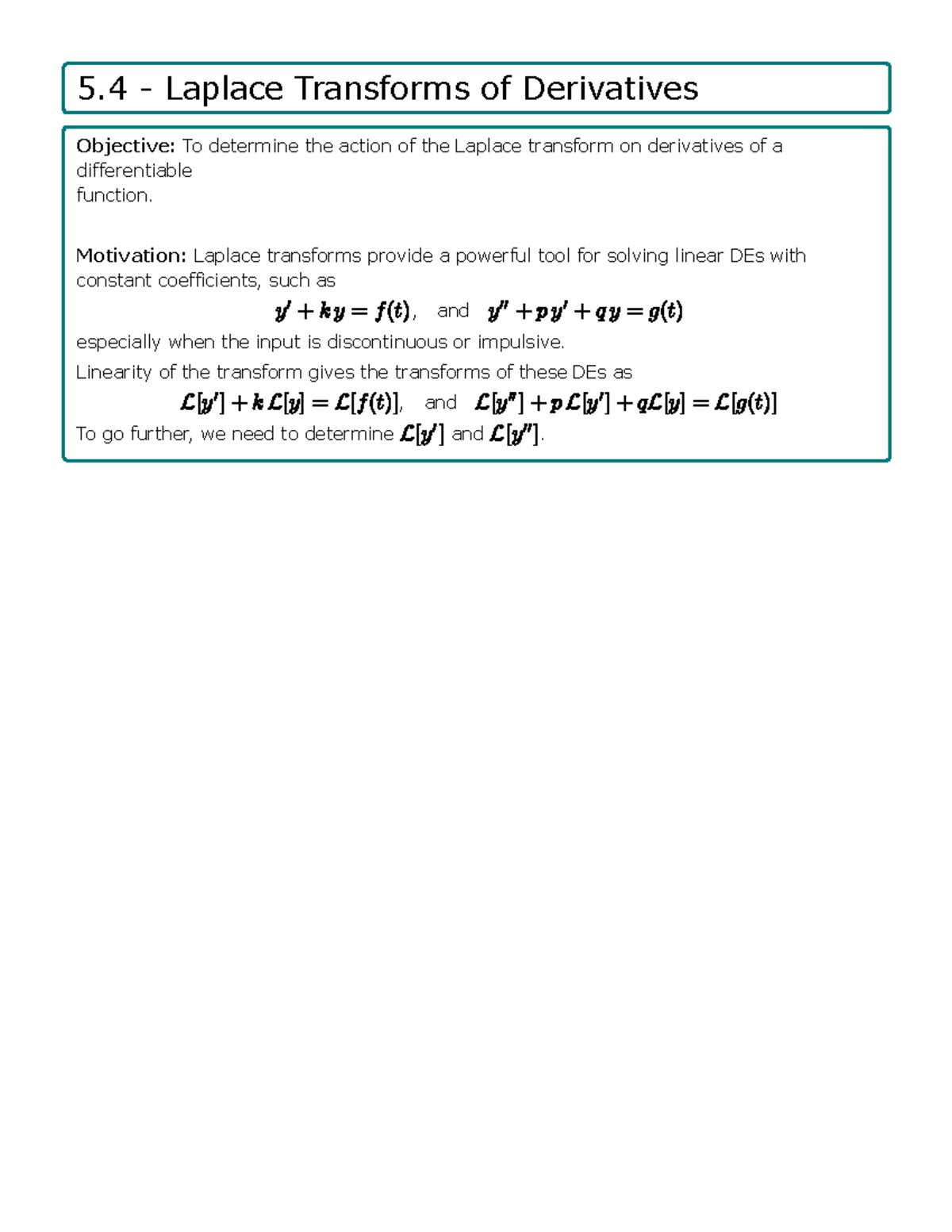 5.4 - Laplace Transforms of Derivatives - 5 - Laplace Transforms of ...