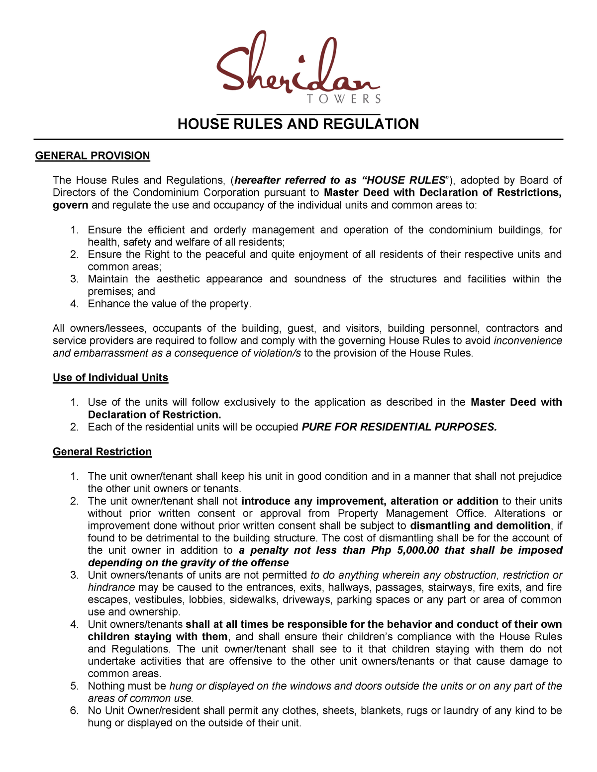 Samples SRT PAGE House Rules FOR Tenant HOUSE RULES AND REGULATION