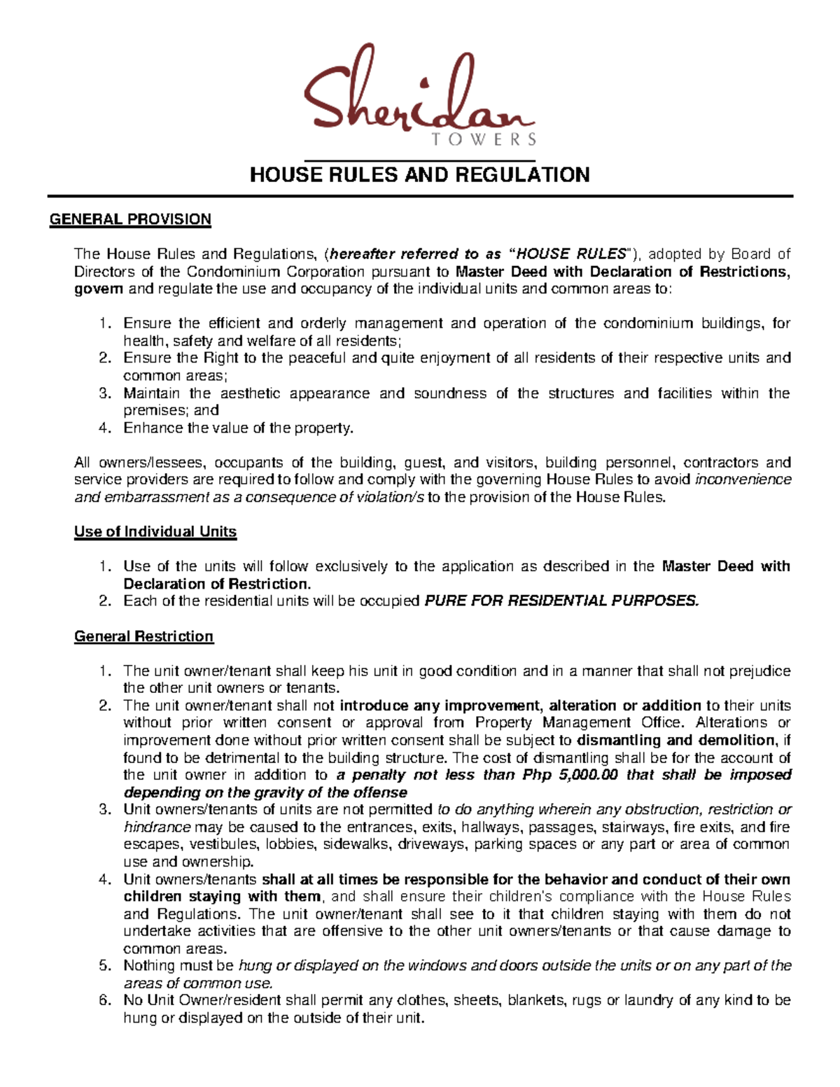 Samples SRT PAGE House Rules FOR Tenant HOUSE RULES AND REGULATION