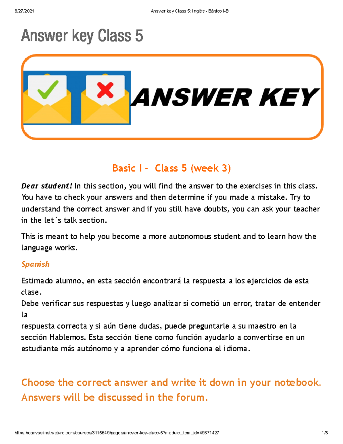 Answer key Class Basic I - Class 5 (week 3) Inglés - Básico I-B ...