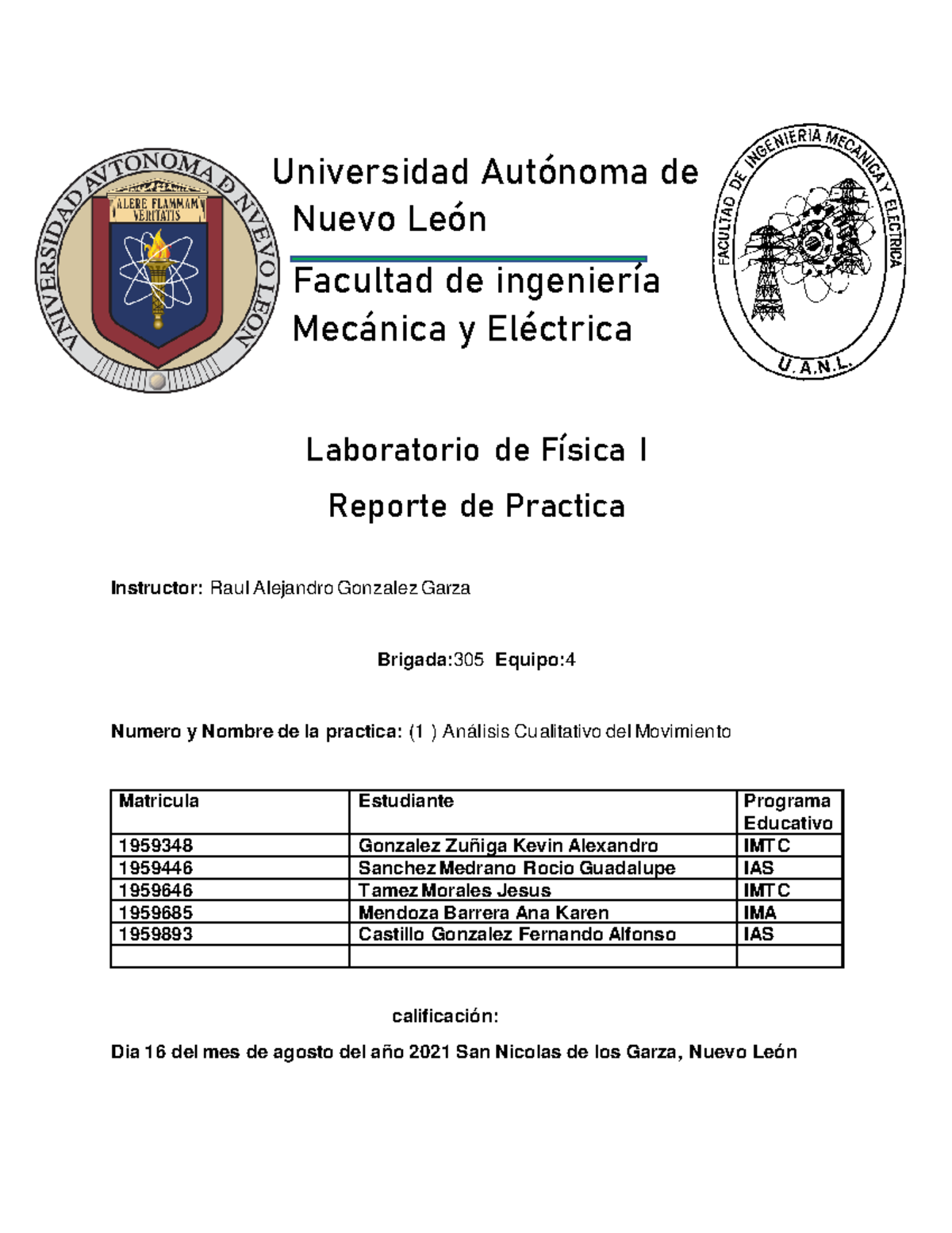 Practica 1 Equipo 4 Lab Fisica - Universidad Autónoma de Nuevo León ...
