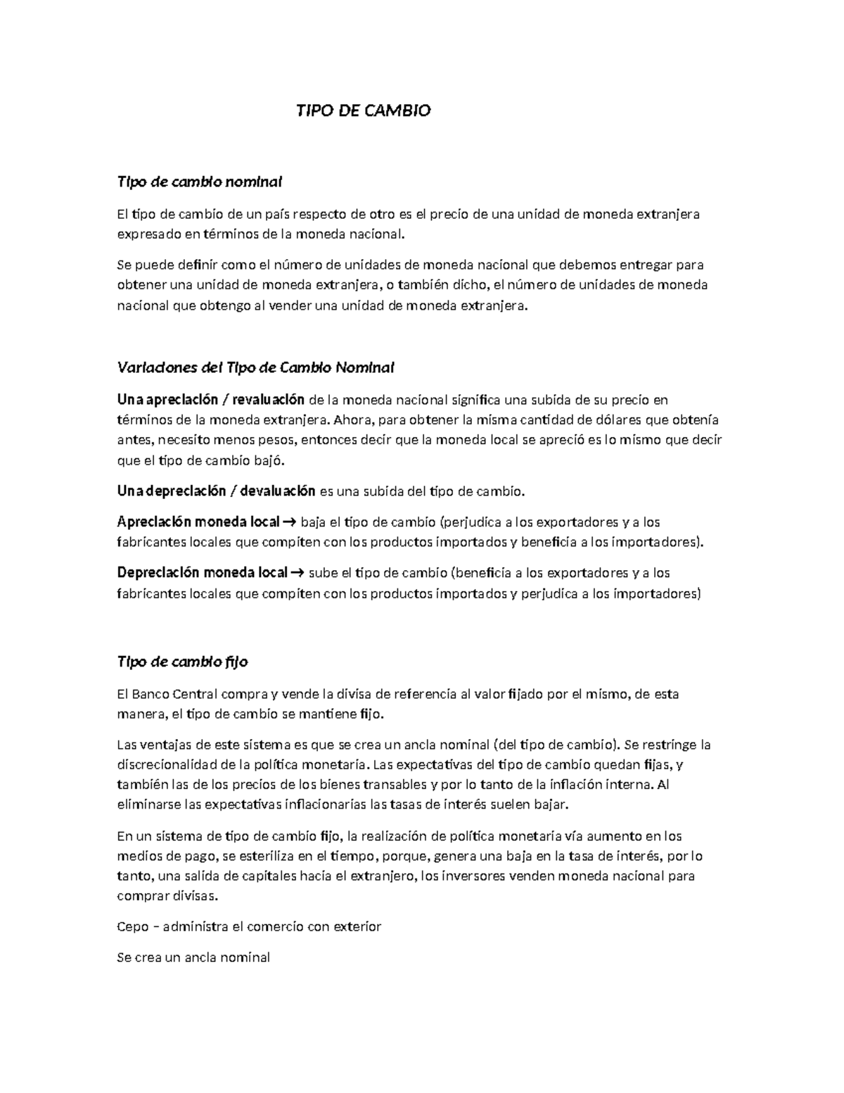 Resumen 1ER Parcial Martin - TIPO DE CAMBIO Tipo de cambio nominal El ...