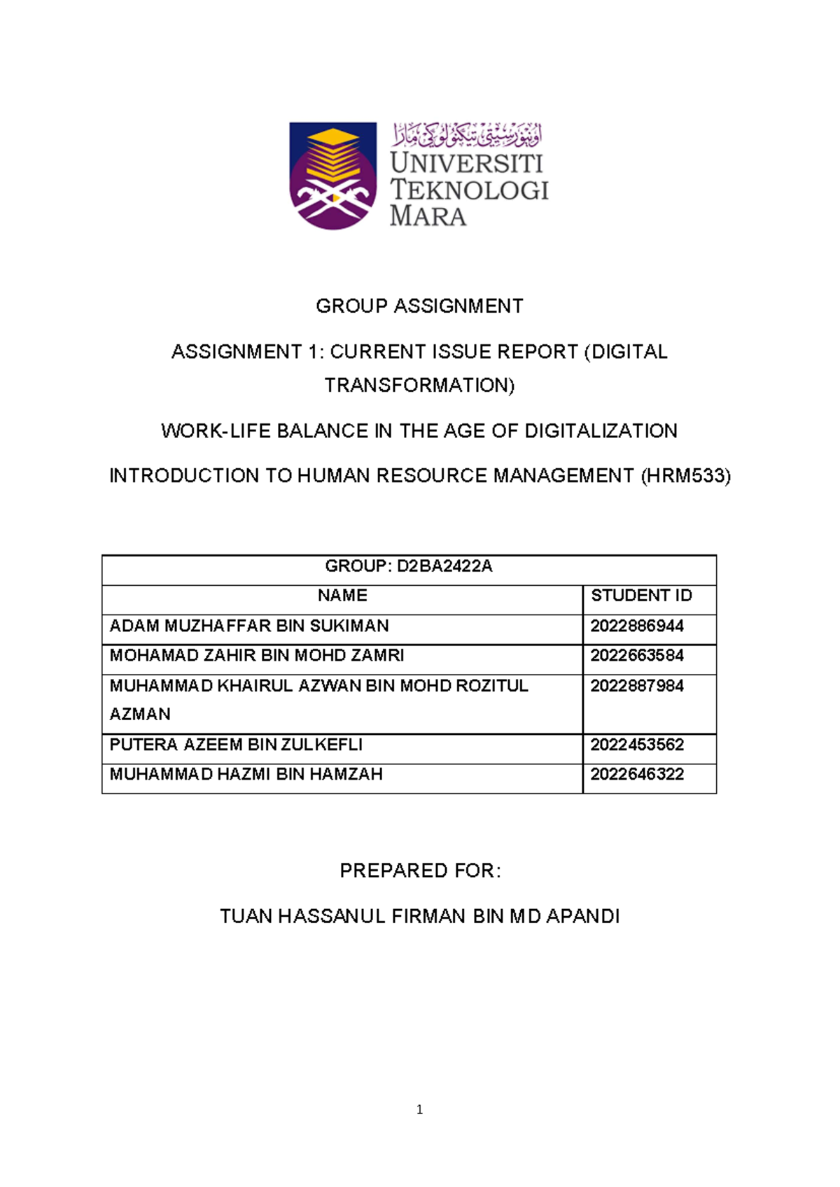 hrm533 group assignment current issue