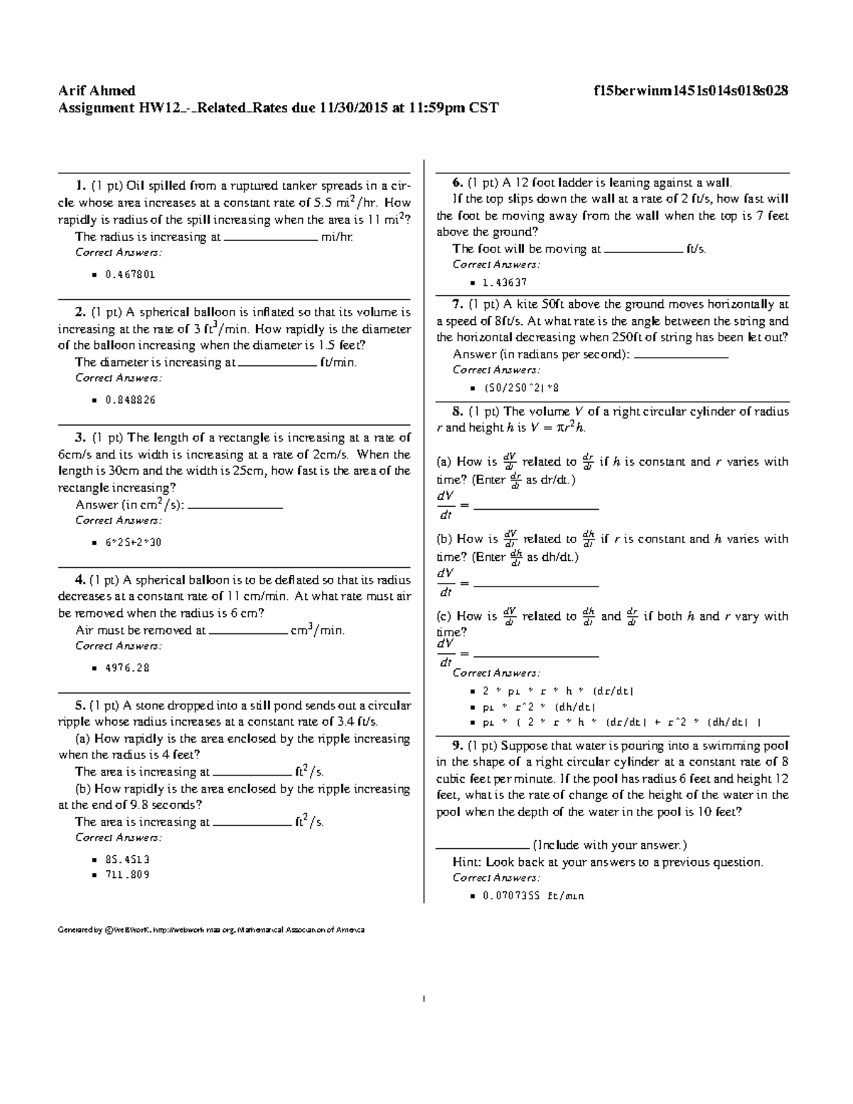 HW12 - Related Rates - This is the homework set number 12 with answers ...