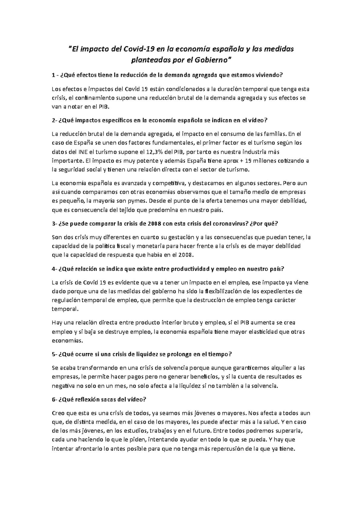 El impacto del Covid - "El impacto del Covid-19 en la economía española ...