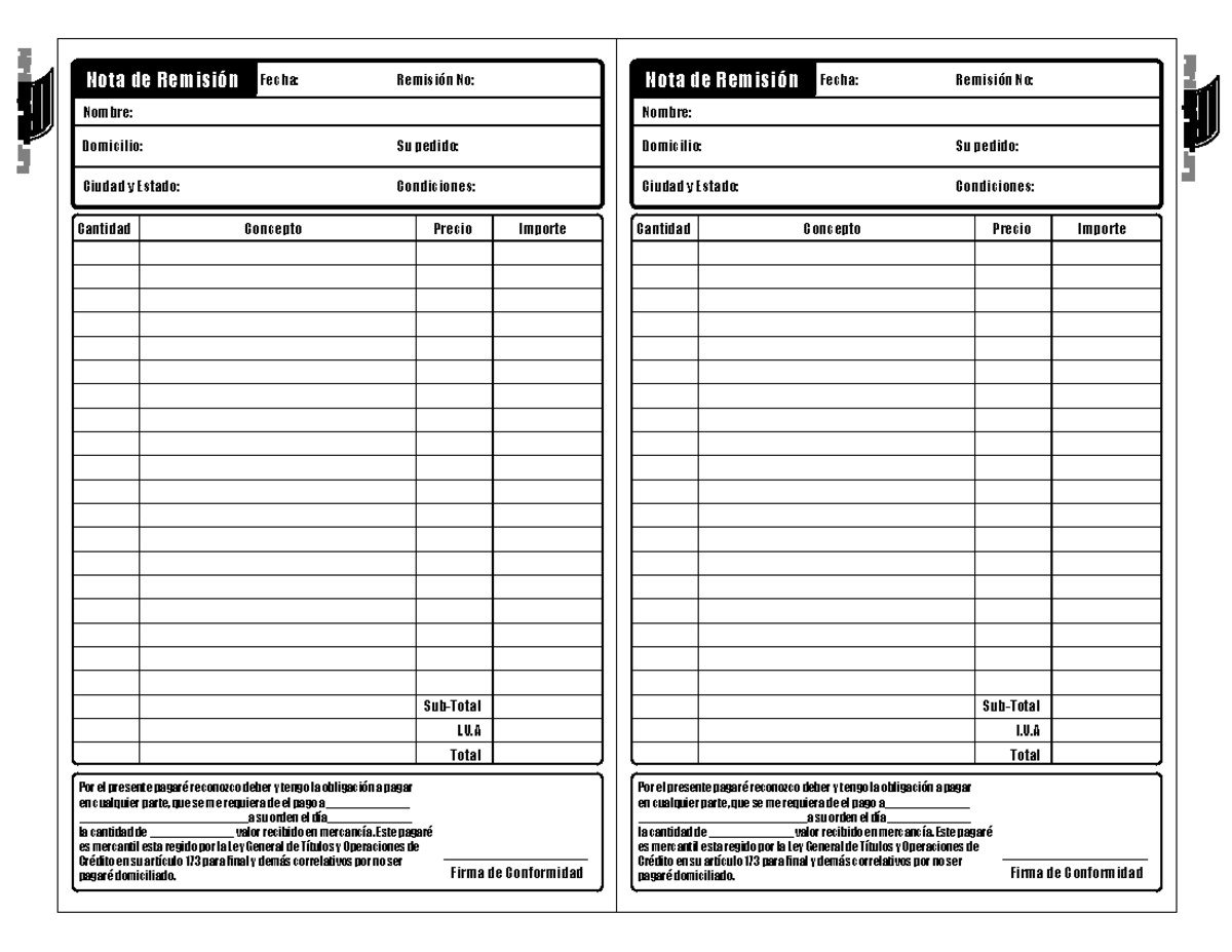 Nota de Remision para imprimir - Ciudad y Estado: Fecha: Nombre