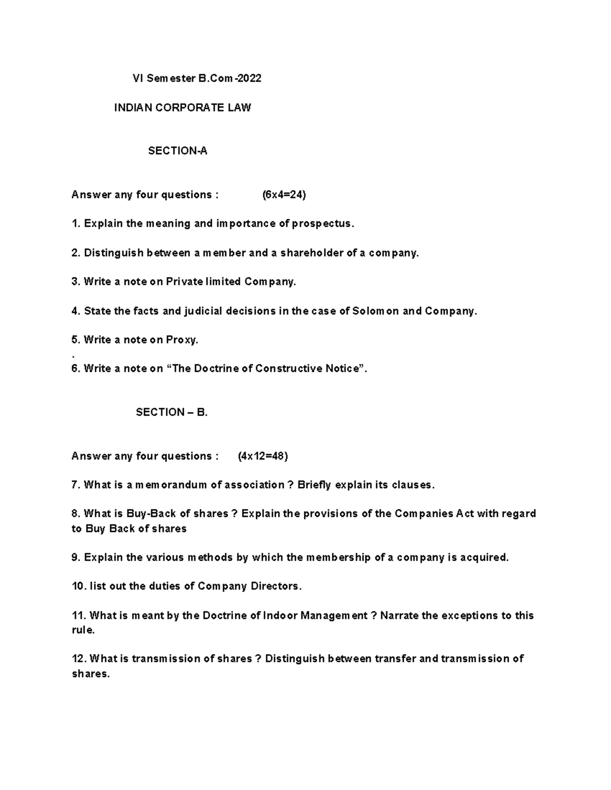 Indian Corporate LAW question paper VI Semester B INDIAN CORPORATE LAW SECTIONA Answer any