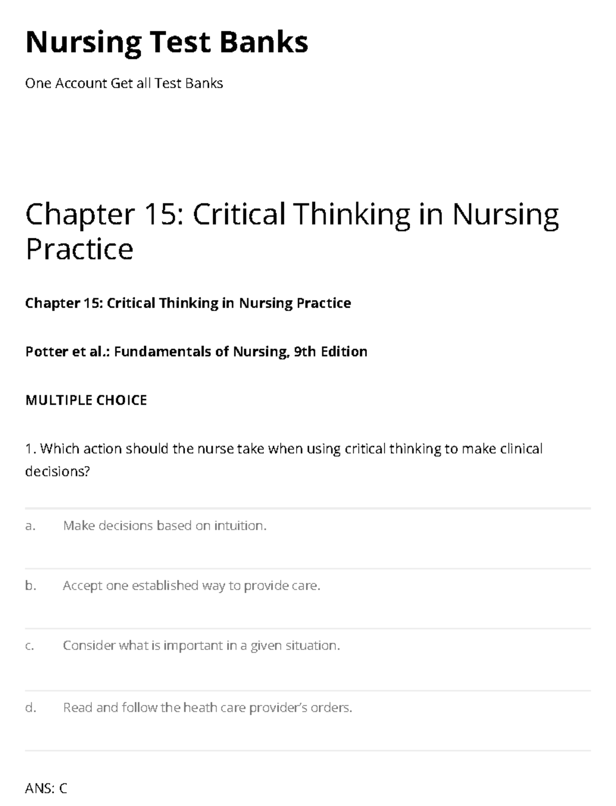 critical thinking quiz nursing