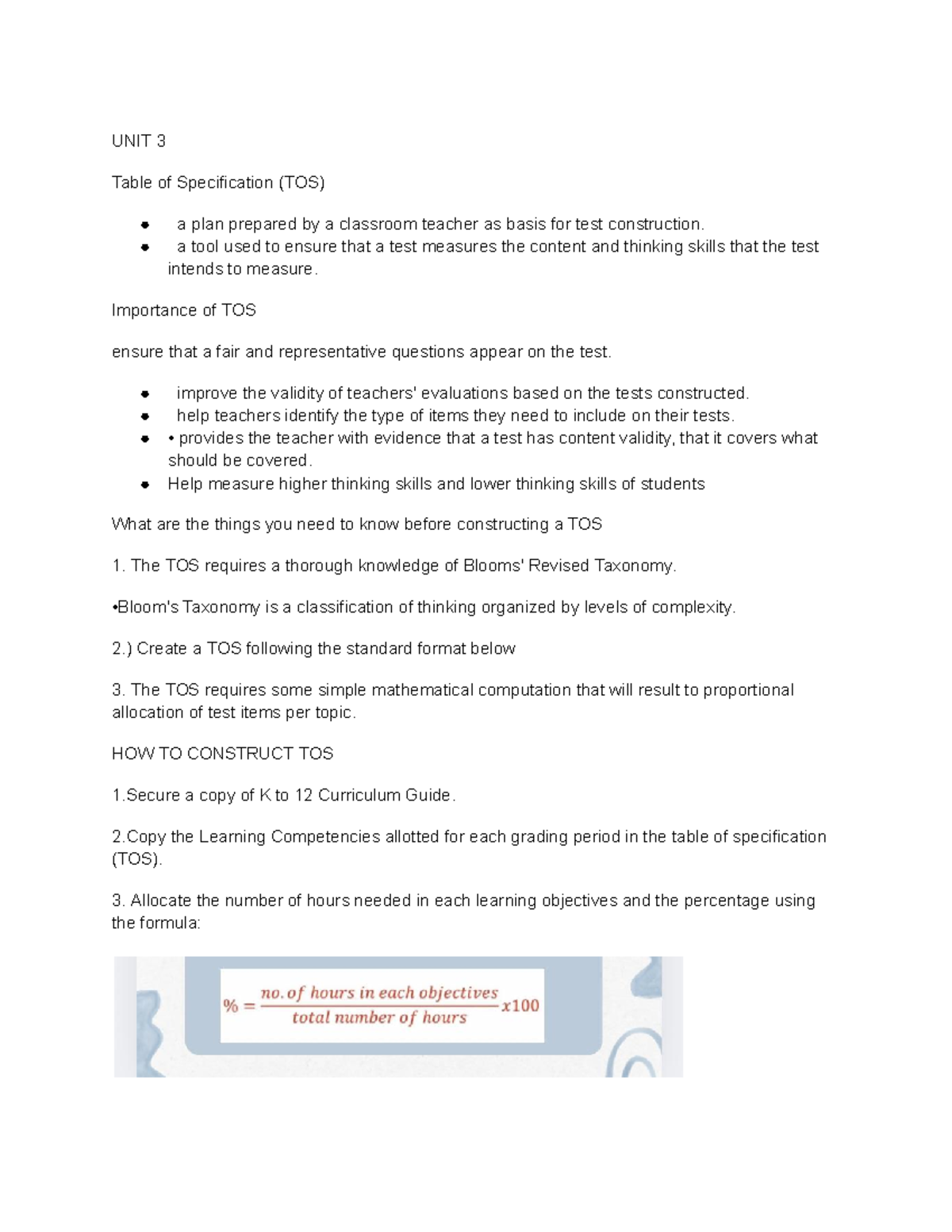 UNIT-3 - I don't have - UNIT 3 Table of Specification (TOS) a plan ...