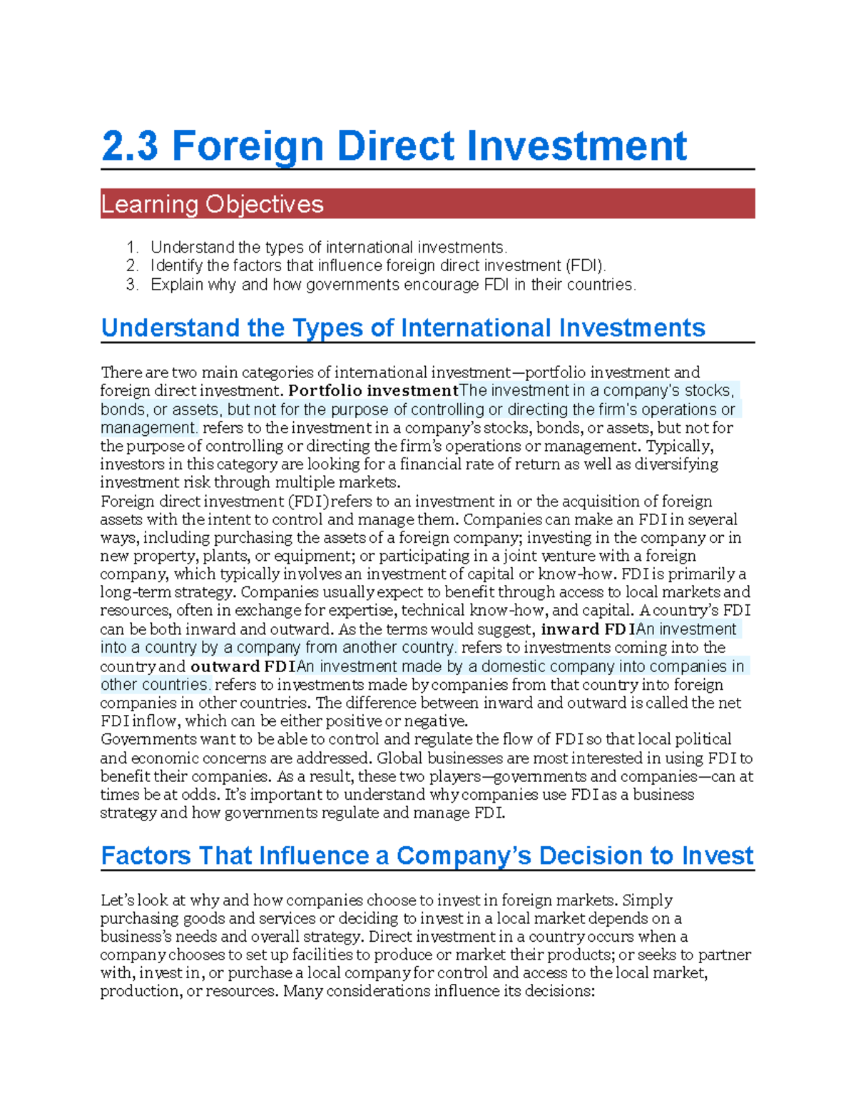 2.3 Foreign Direct Investment - IB - 2 Foreign Direct Investment ...