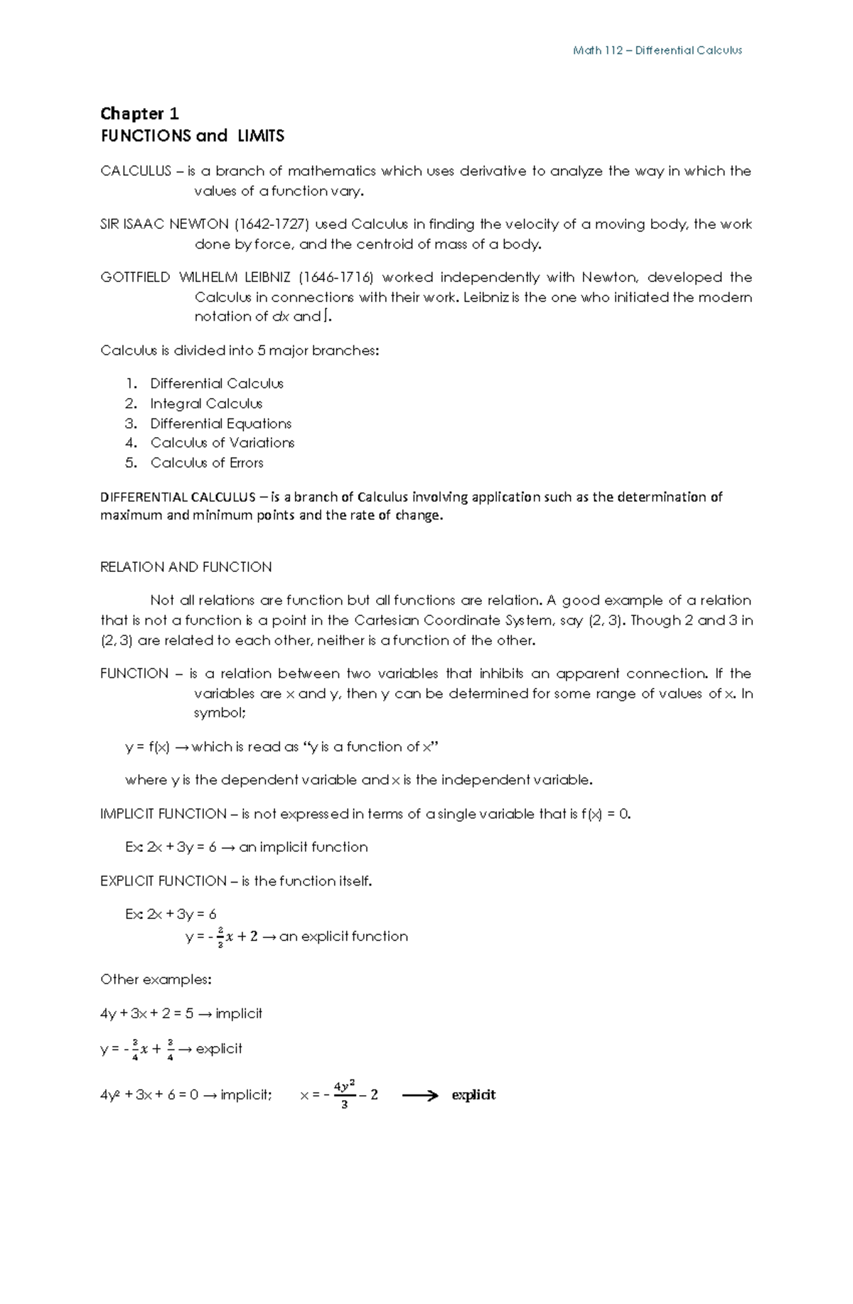 Module 1 Functions Limits - Civil Engeneering - PangSU - Studocu