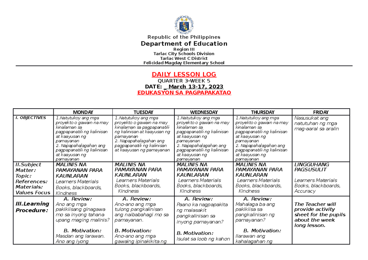 DLLQ3WEEK5 Final grade 3 dll Republic of the Philippines Department of Education Region