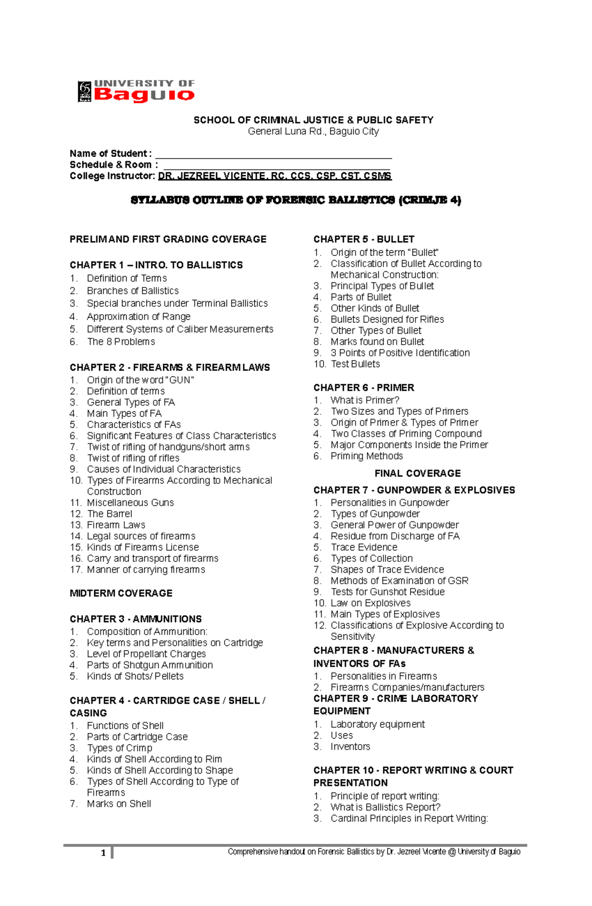 Handout ON Ballistics FOR UB - SCHOOL OF CRIMINAL JUSTICE & PUBLIC ...